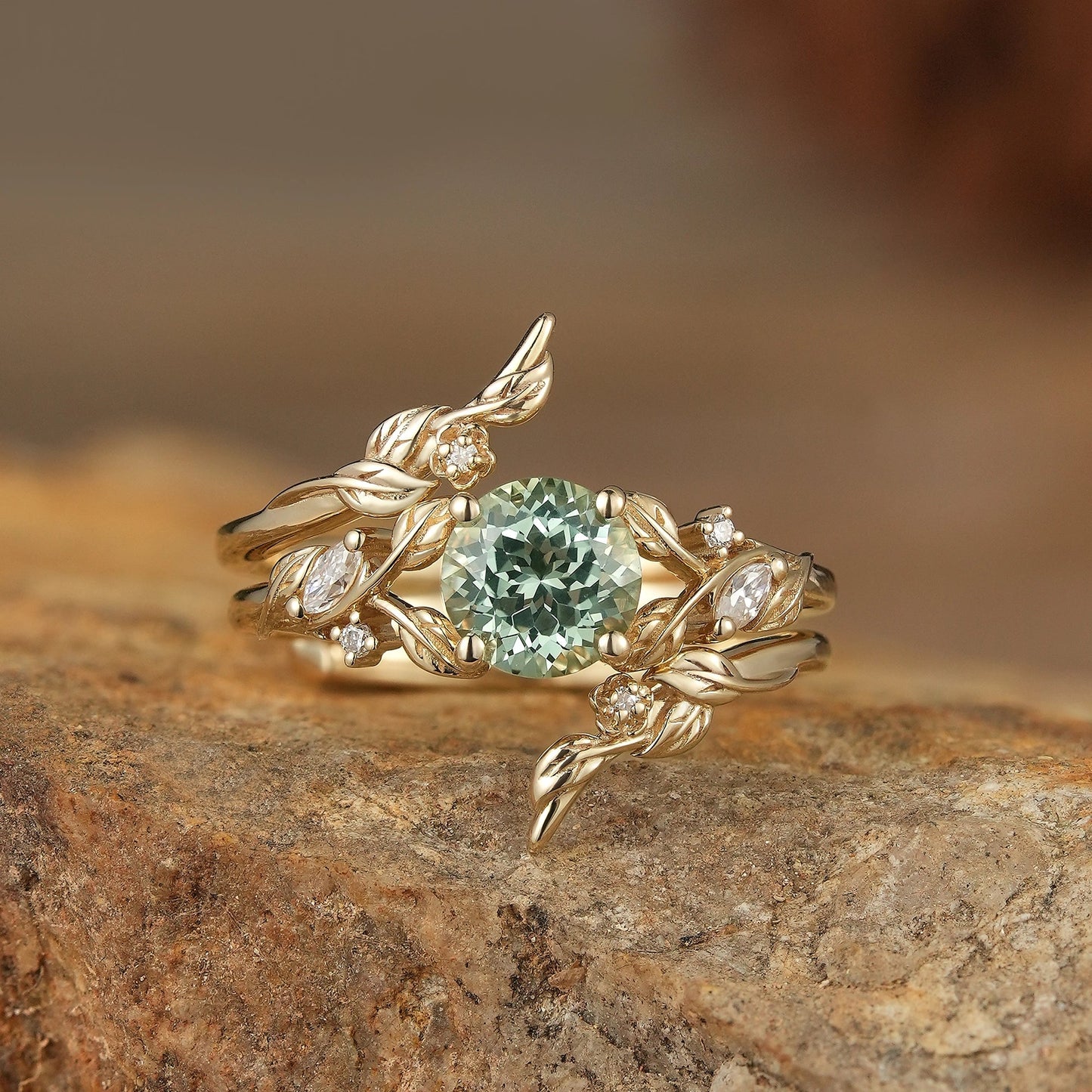 Lab Green Sapphire Floral Enhancer Ring Set - Nyra - GemsMagic
