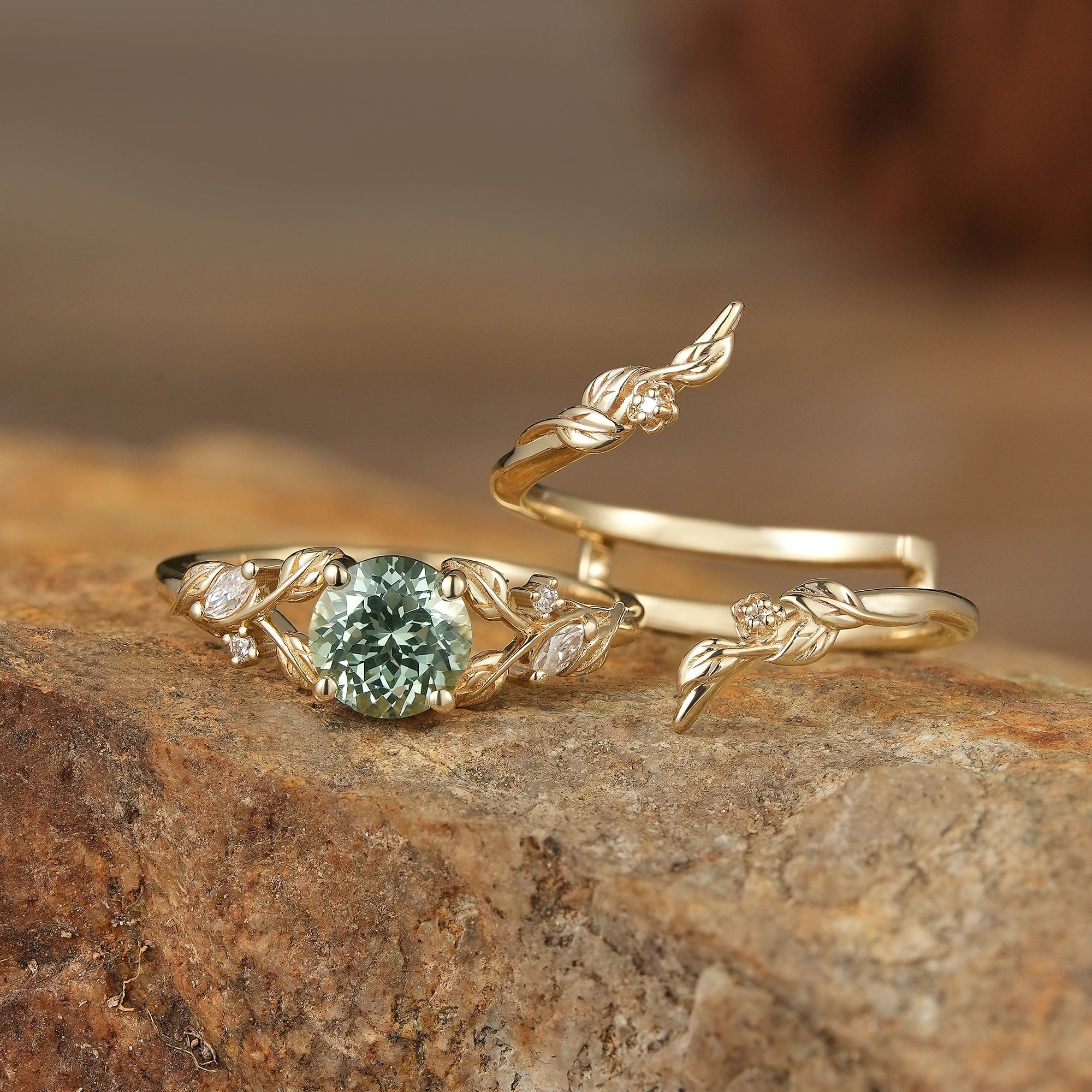 Lab Green Sapphire Floral Enhancer Ring Set - Nyra - GemsMagic