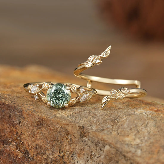 Lab Green Sapphire Floral Enhancer Ring Set - Nyra - GemsMagic