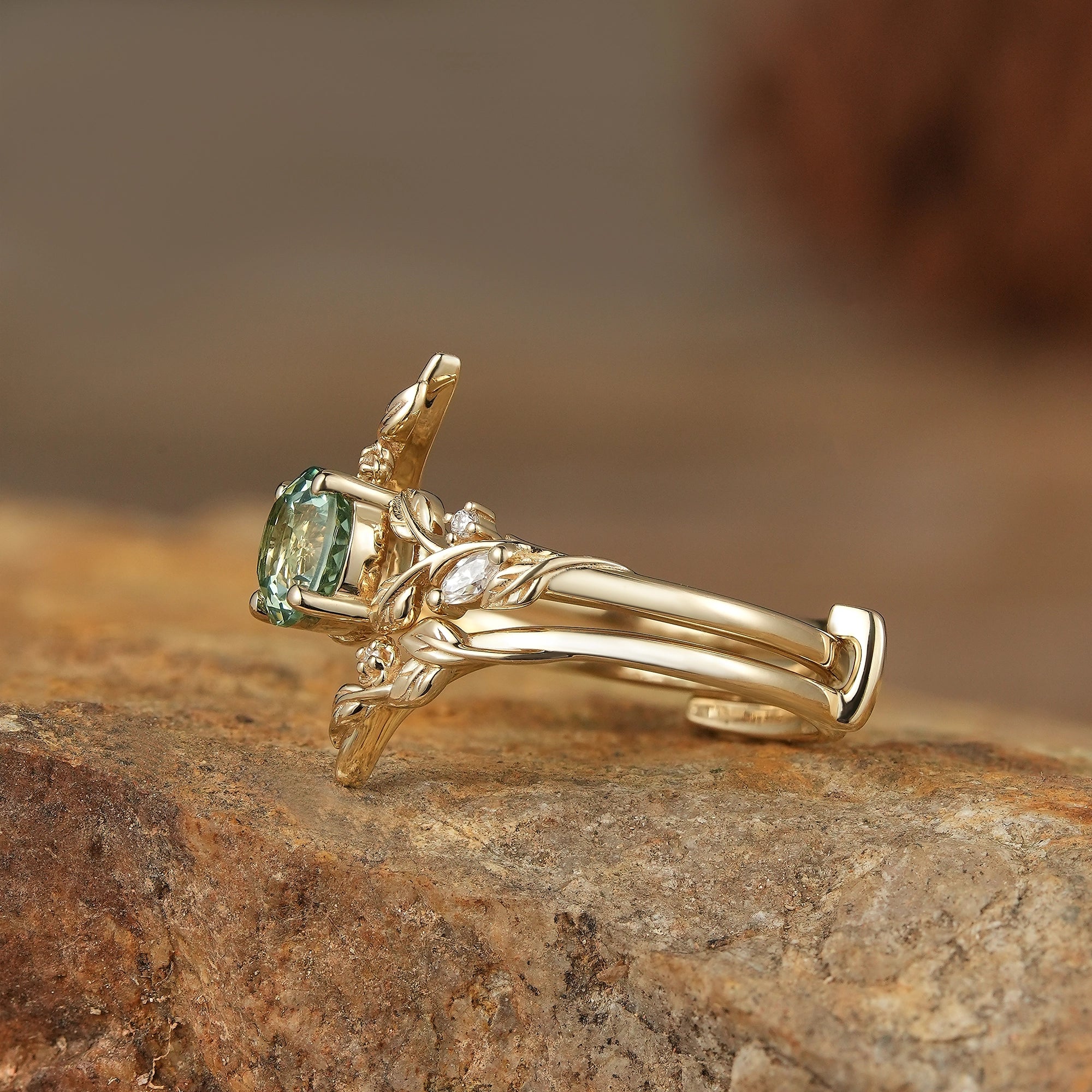 Lab Green Sapphire Floral Enhancer Ring Set - Nyra - GemsMagic