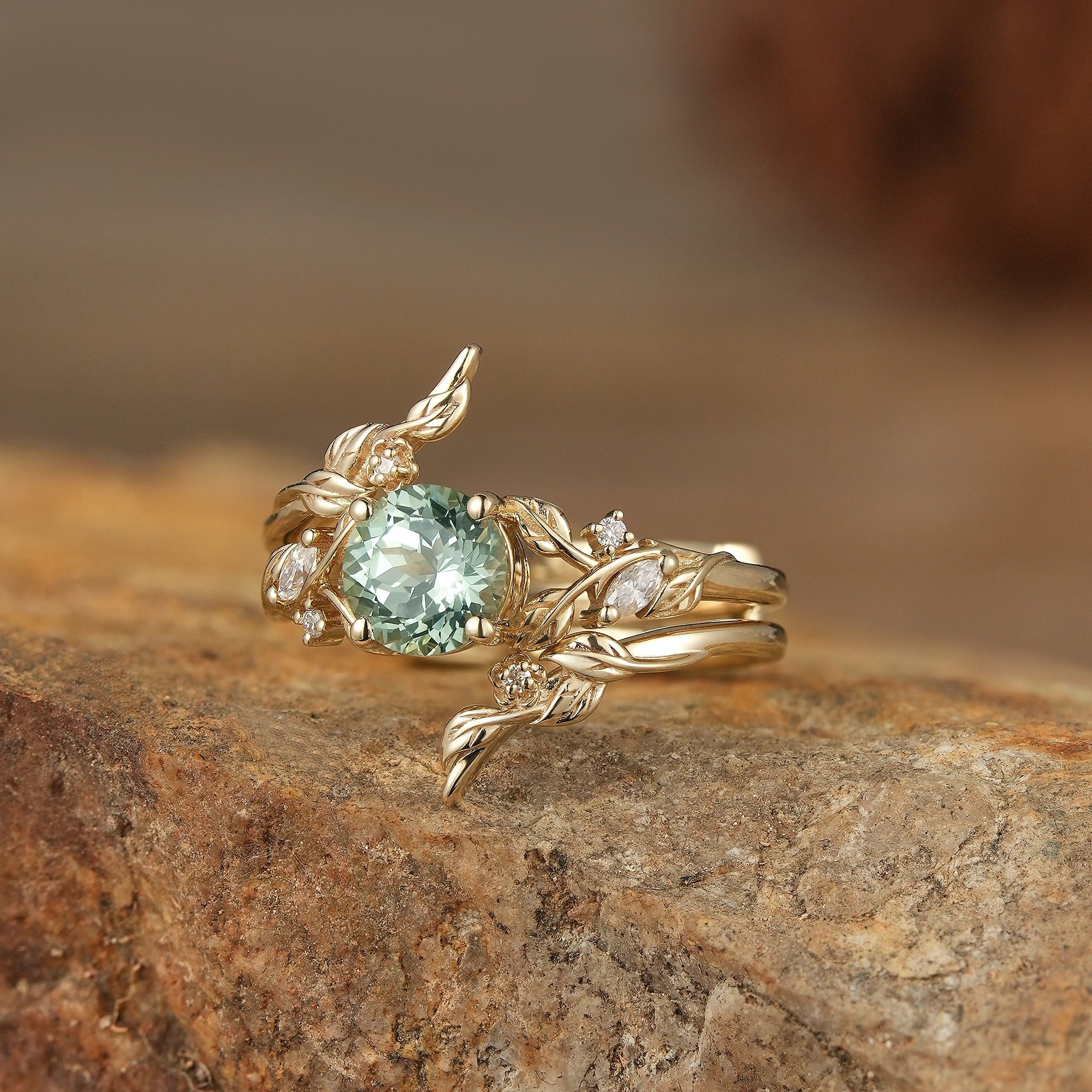 Lab Green Sapphire Floral Enhancer Ring Set - Nyra - GemsMagic