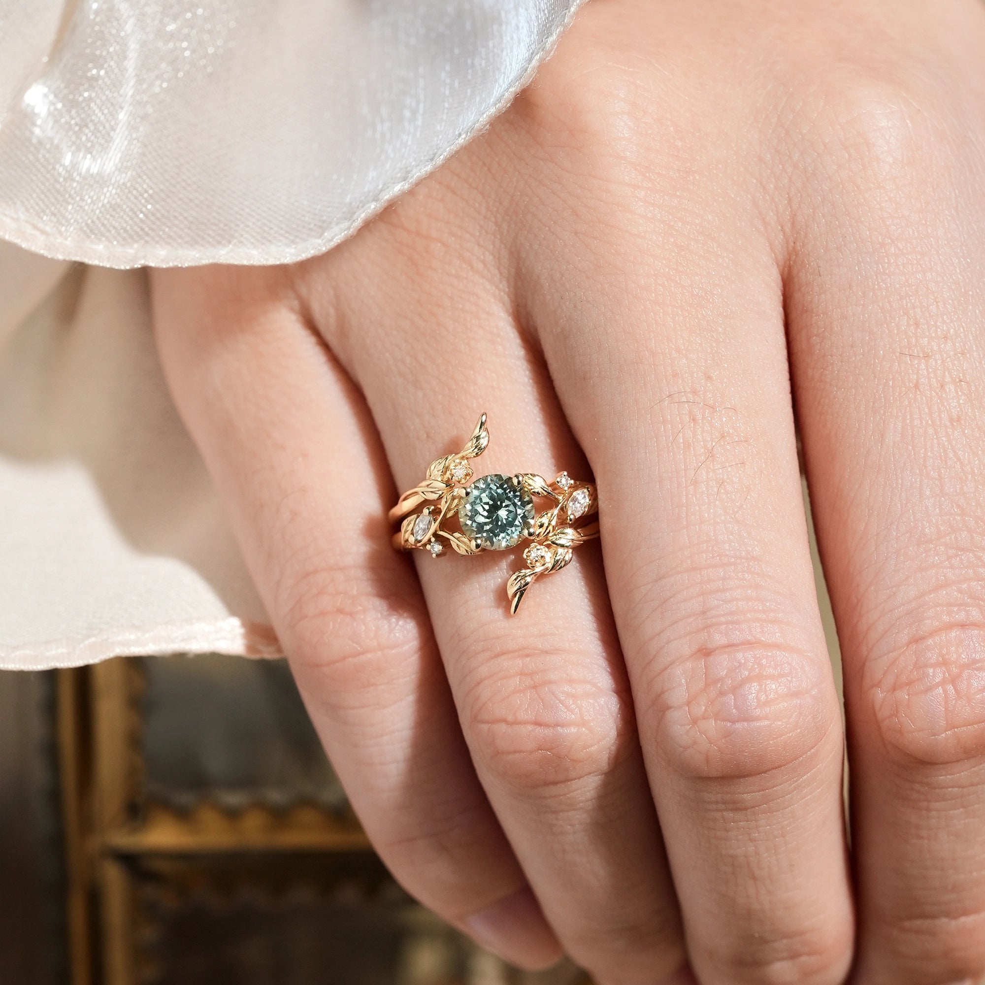 Lab Green Sapphire Floral Enhancer Ring Set - Nyra - GemsMagic