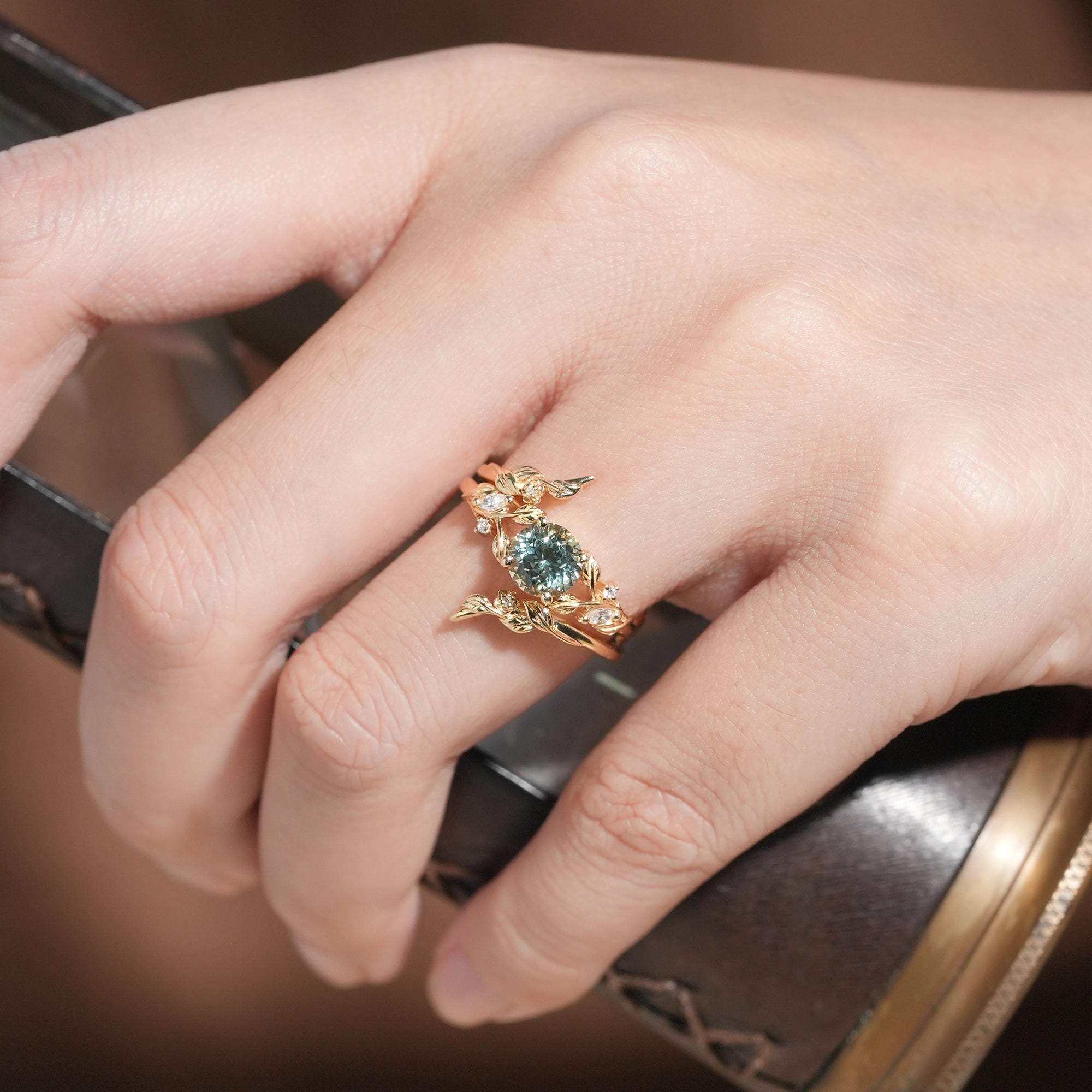 Lab Green Sapphire Floral Enhancer Ring Set - Nyra - GemsMagic