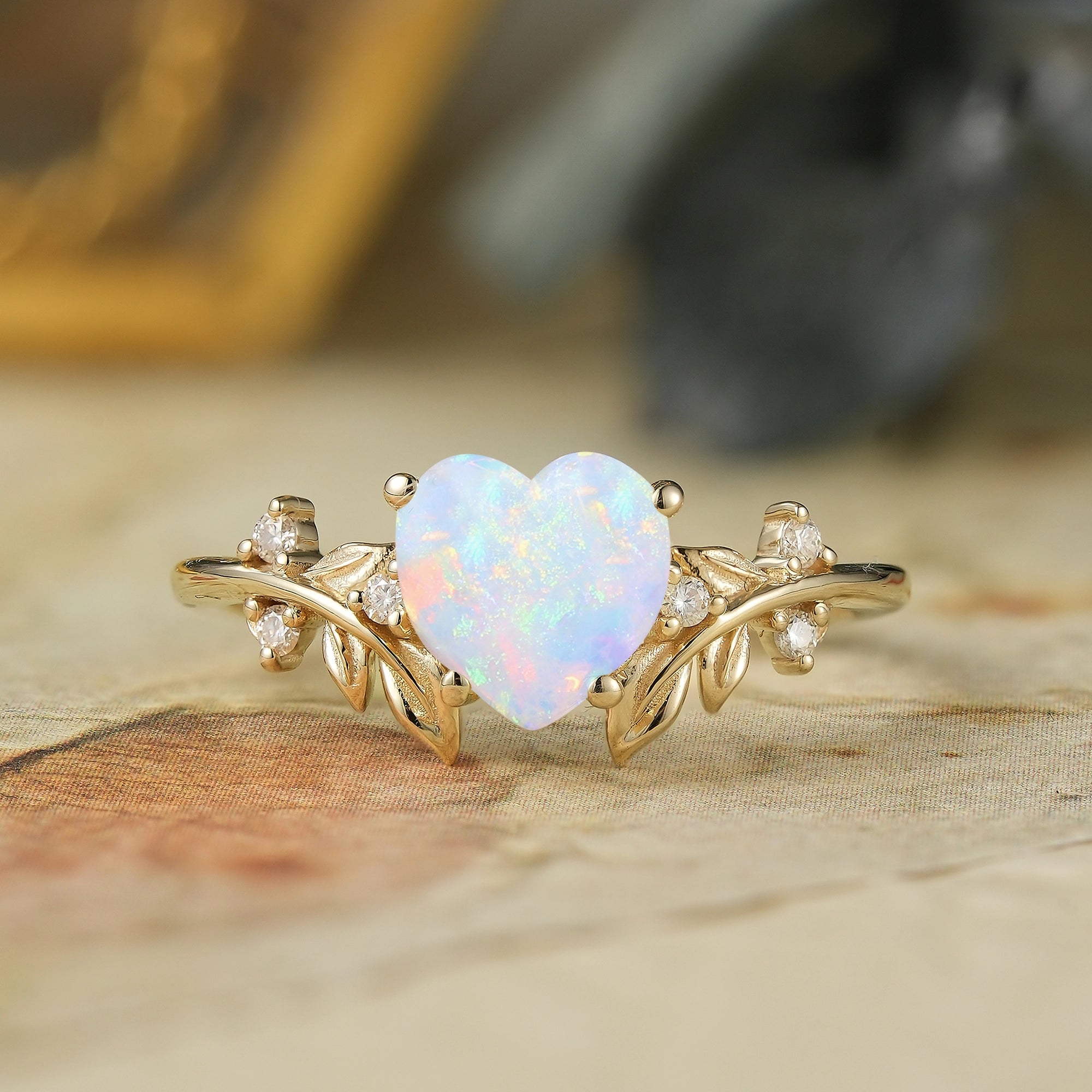 Laurel Leaf Inspired Heart Shaped Opal Engagement Ring - Iris - GemsMagic