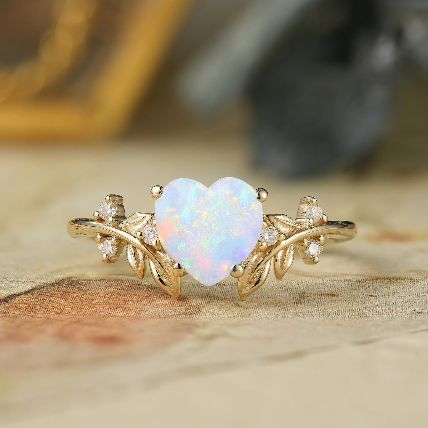 Laurel Leaf Inspired Heart Shaped Opal Engagement Ring - Iris - GemsMagic