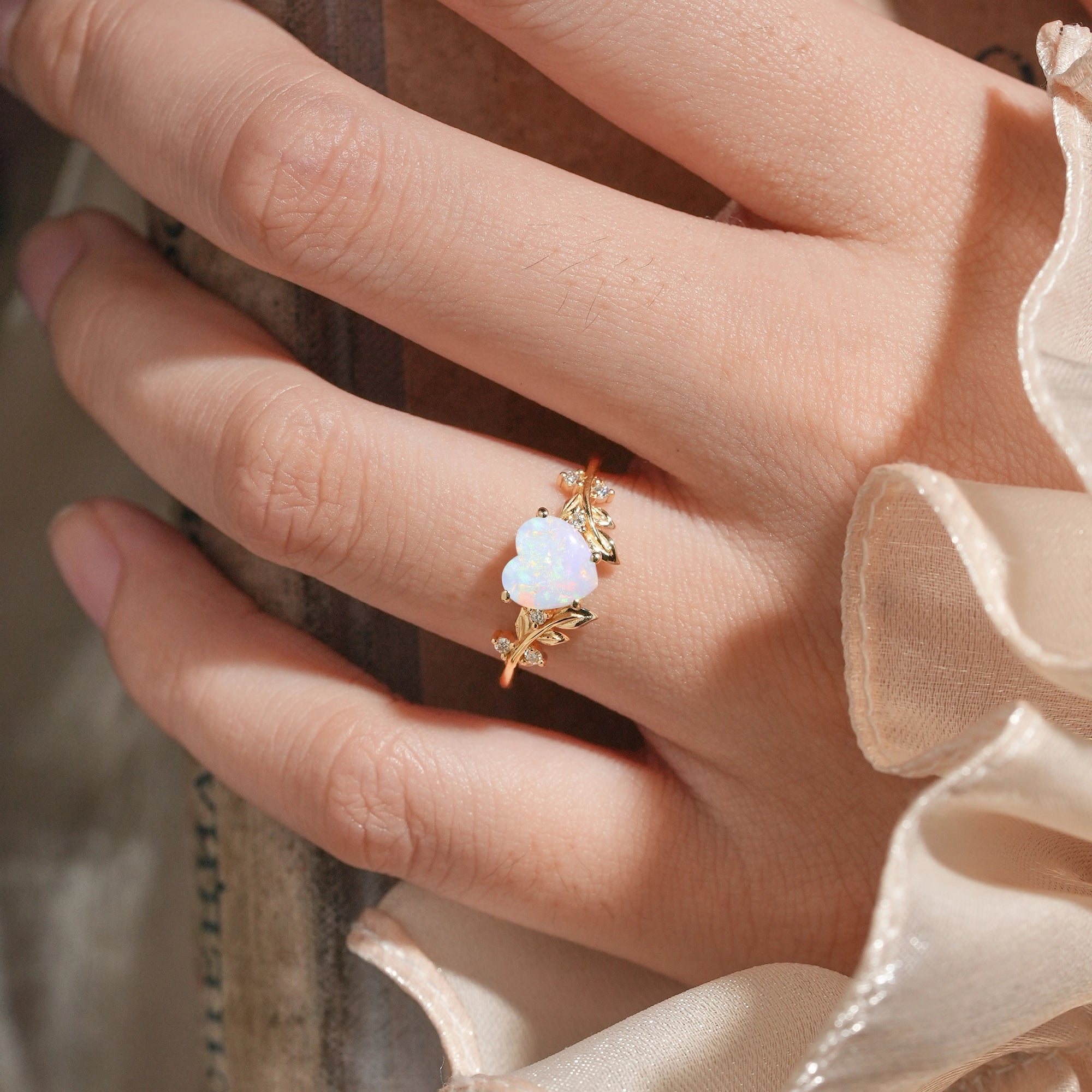 Laurel Leaf Inspired Heart Shaped Opal Engagement Ring - Iris - GemsMagic