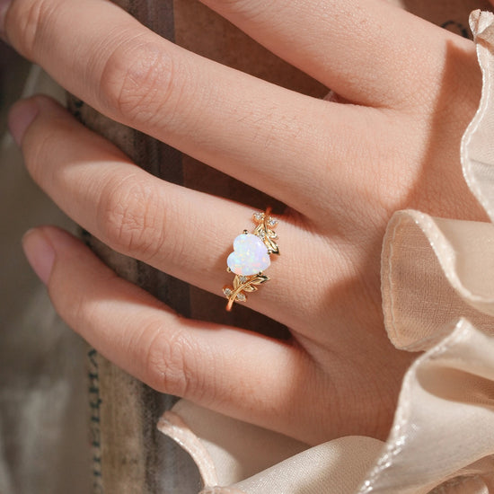 Laurel Leaf Inspired Heart Shaped Opal Engagement Ring - Iris - GemsMagic