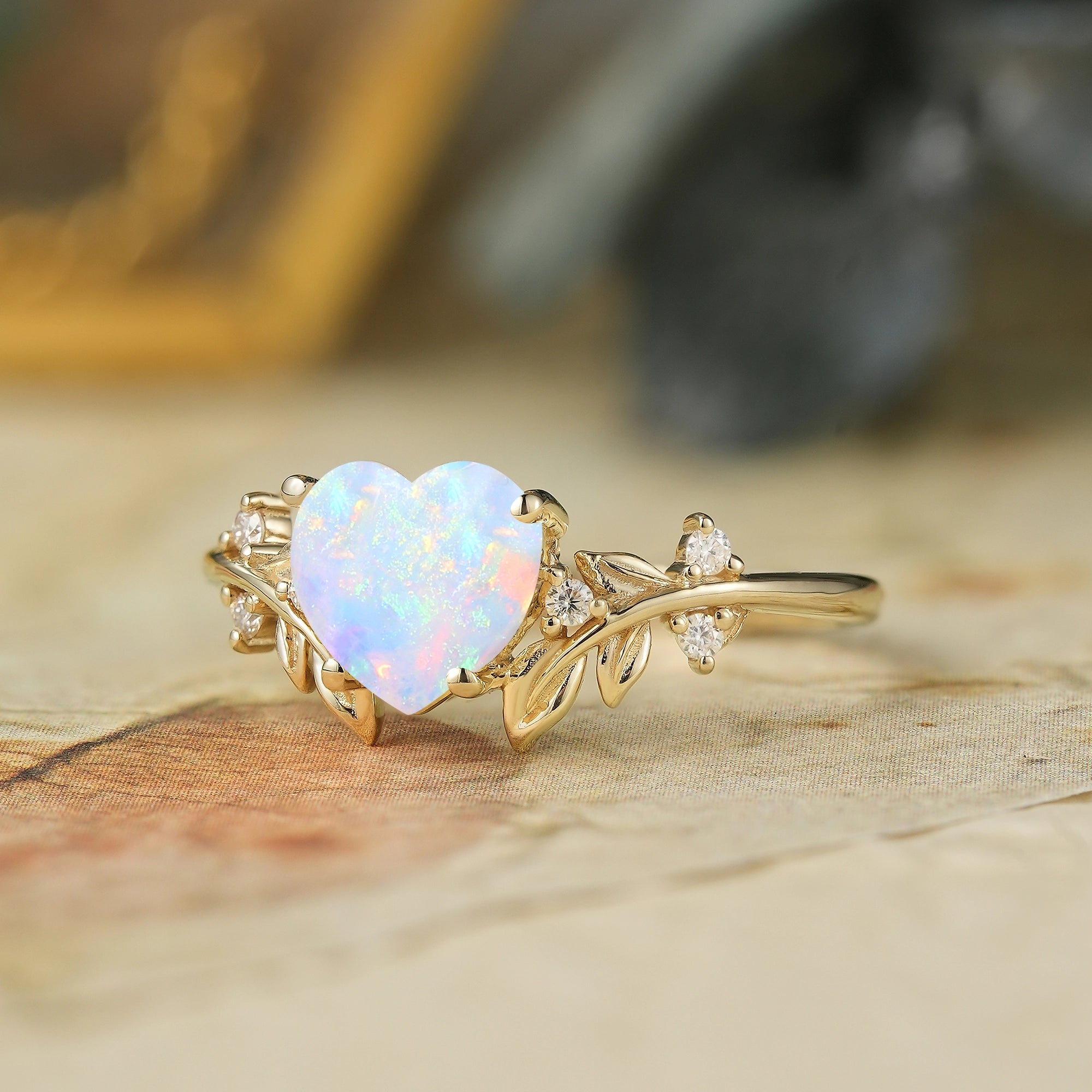 Laurel Leaf Inspired Heart Shaped Opal Engagement Ring - Iris - GemsMagic