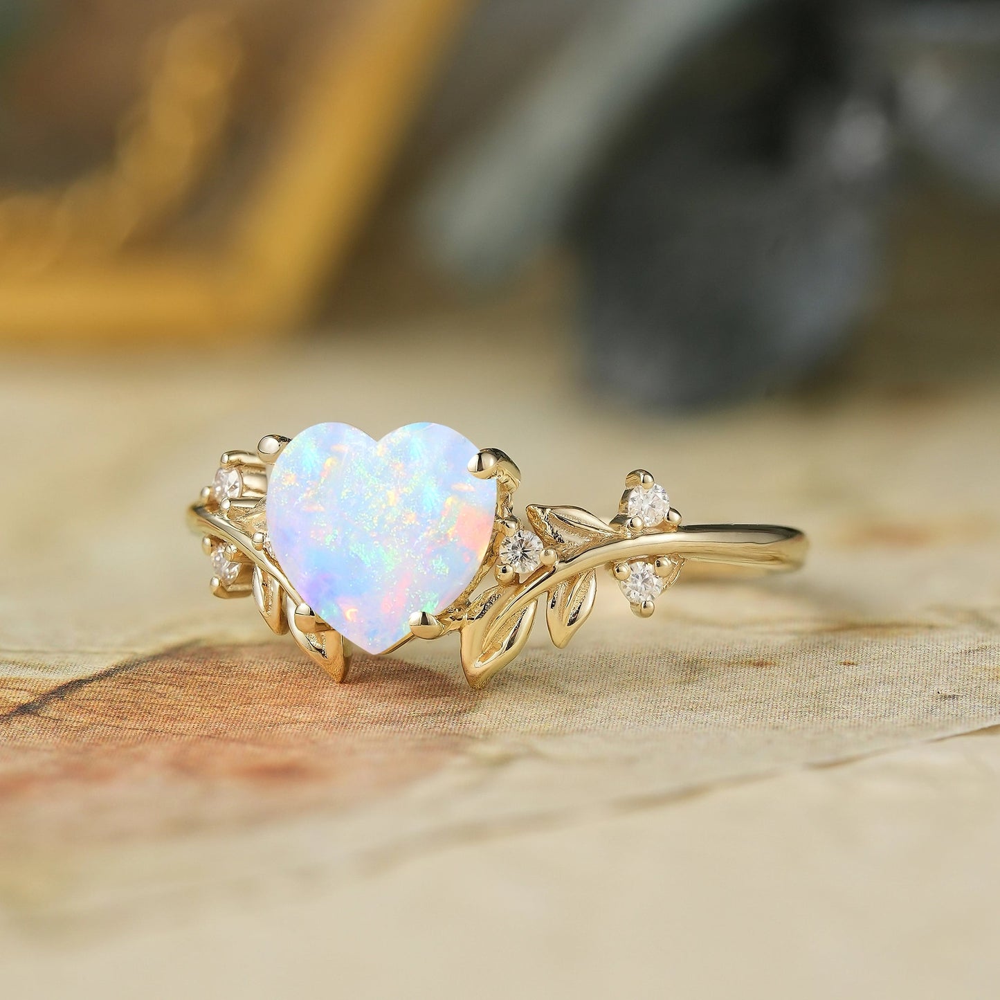 Laurel Leaf Inspired Heart Shaped Opal Engagement Ring - Iris - GemsMagic