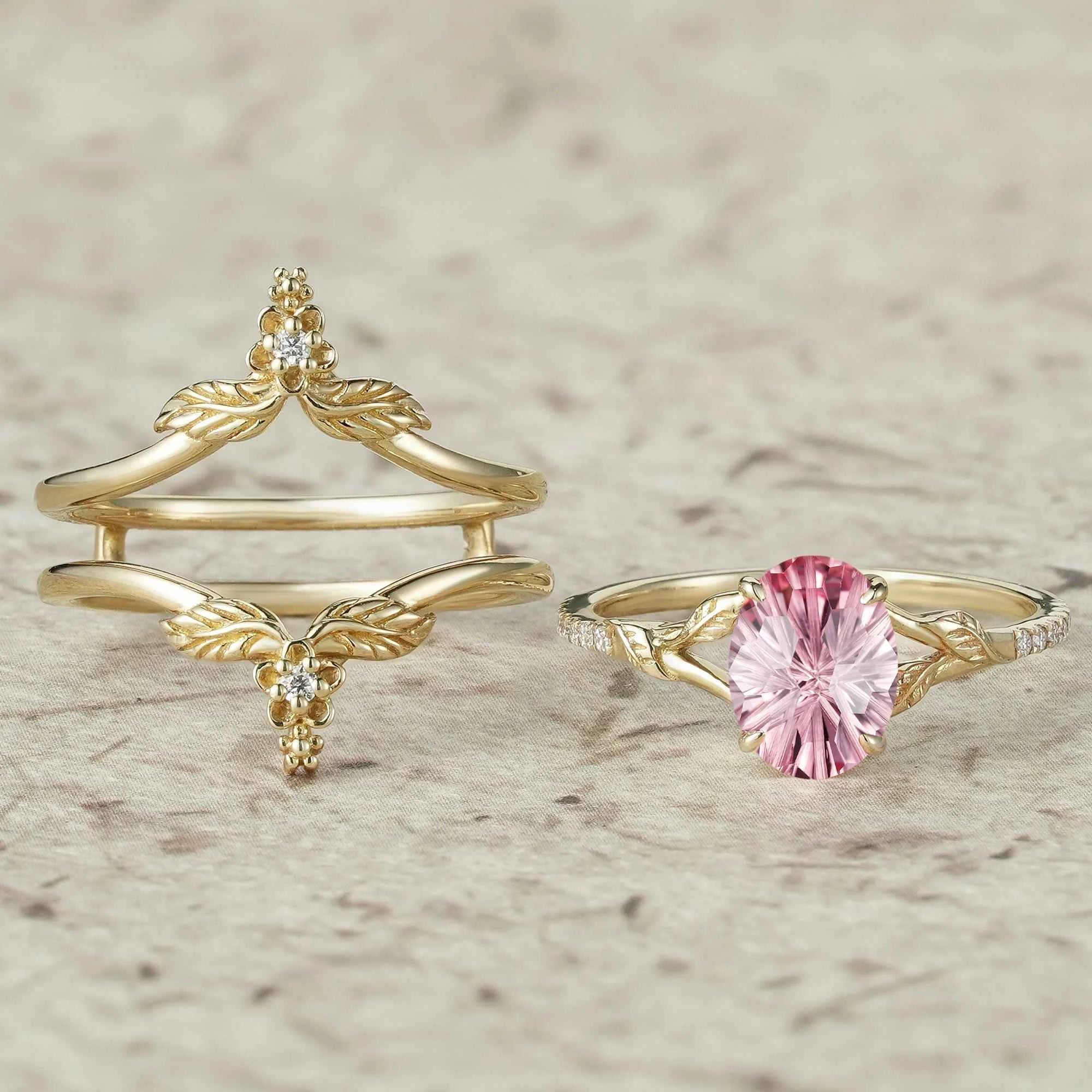 Leaf and Flower Elegance: Sparkle Cut Padparadscha Ring Set - Ameli - GemsMagic