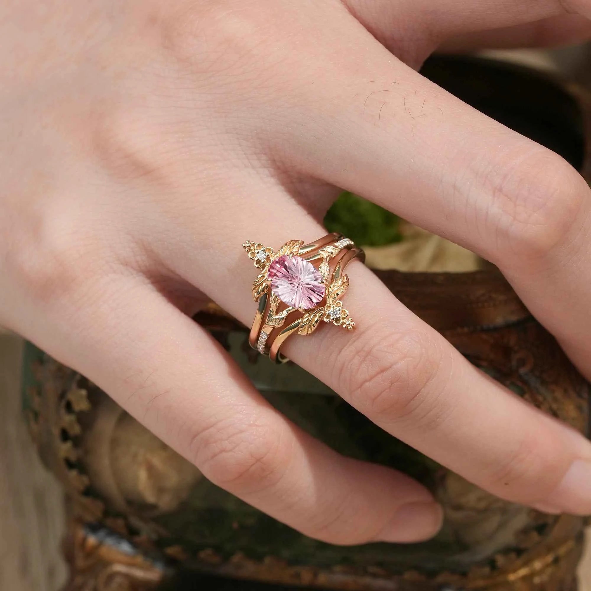 Leaf and Flower Elegance: Sparkle Cut Padparadscha Ring Set - Ameli - GemsMagic
