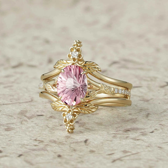 Leaf and Flower Elegance: Sparkle Cut Padparadscha Ring Set - Ameli - GemsMagic