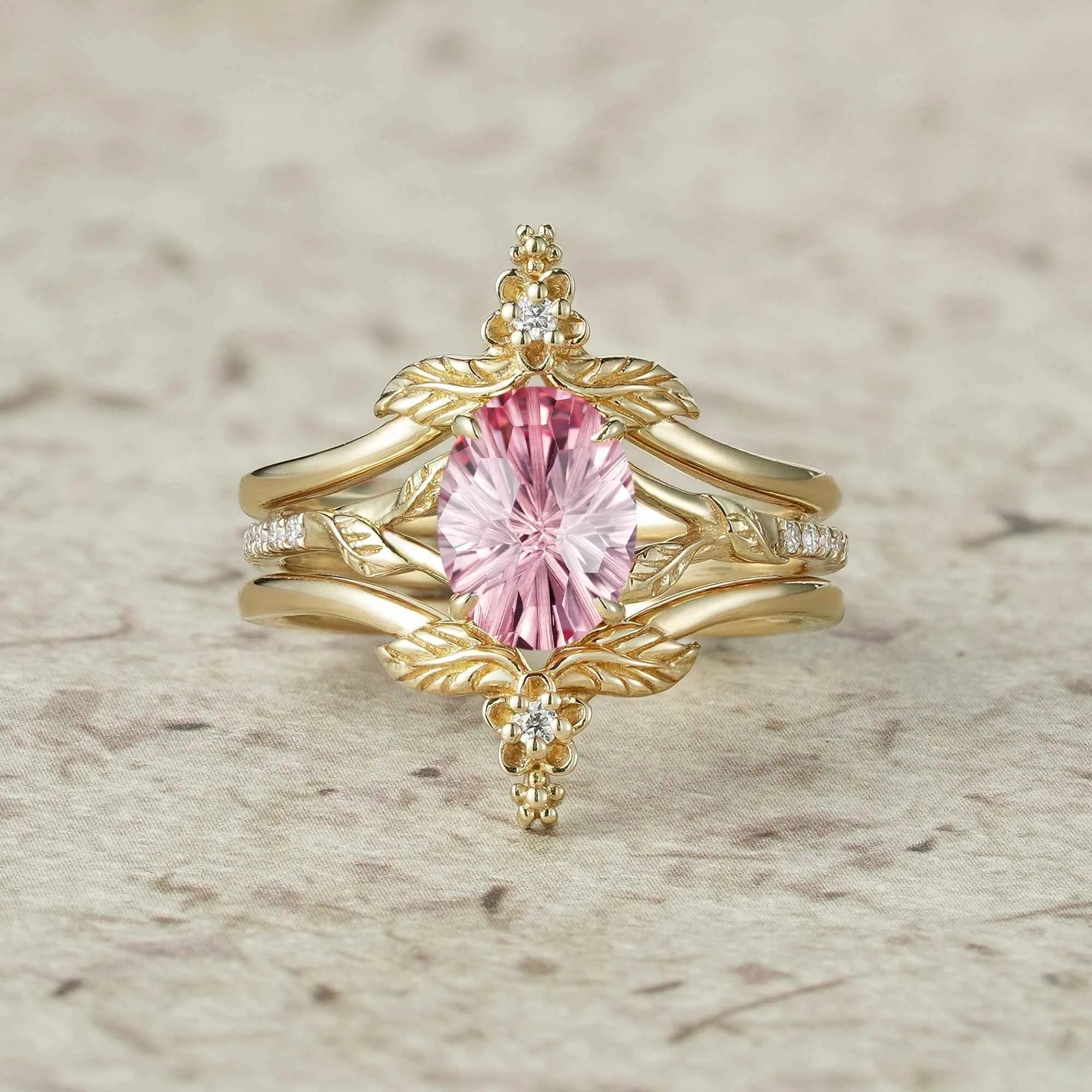 Leaf and Flower Elegance: Sparkle Cut Padparadscha Ring Set - Ameli - GemsMagic