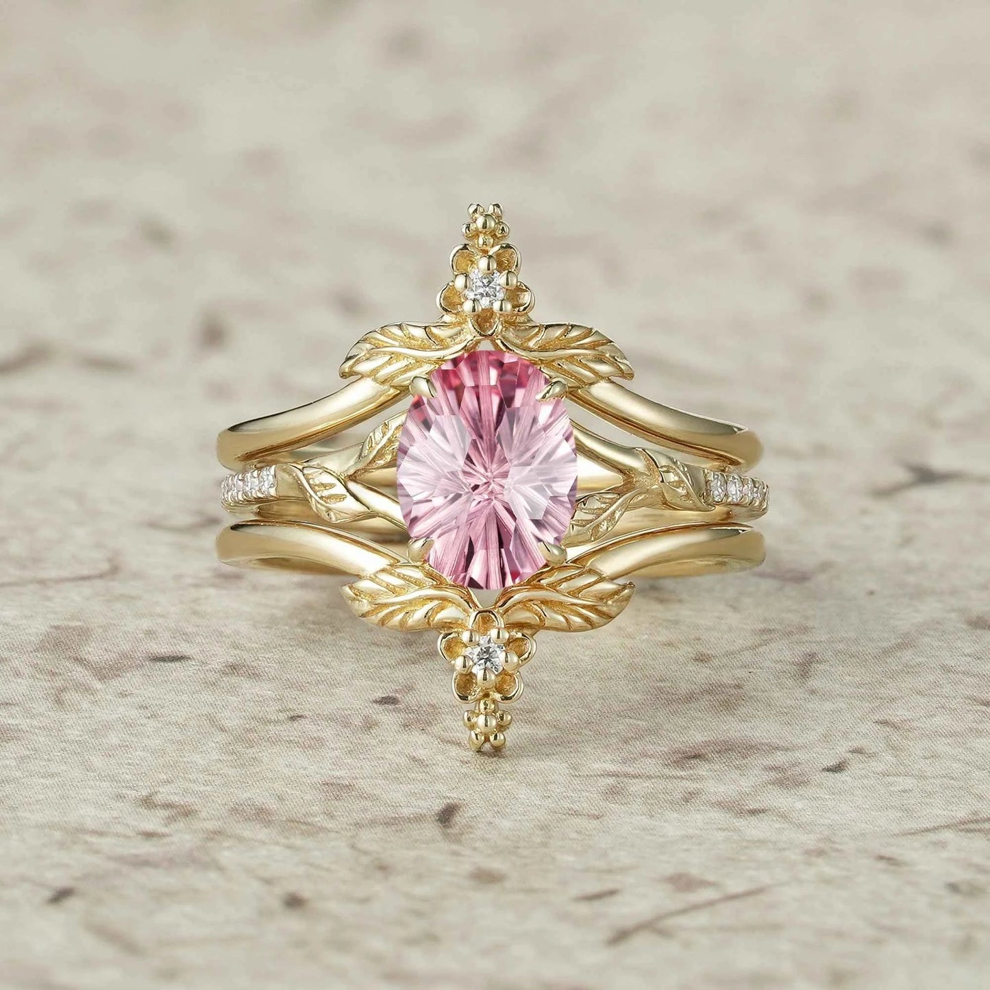 Leaf and Flower Elegance: Sparkle Cut Padparadscha Ring Set - Ameli - GemsMagic