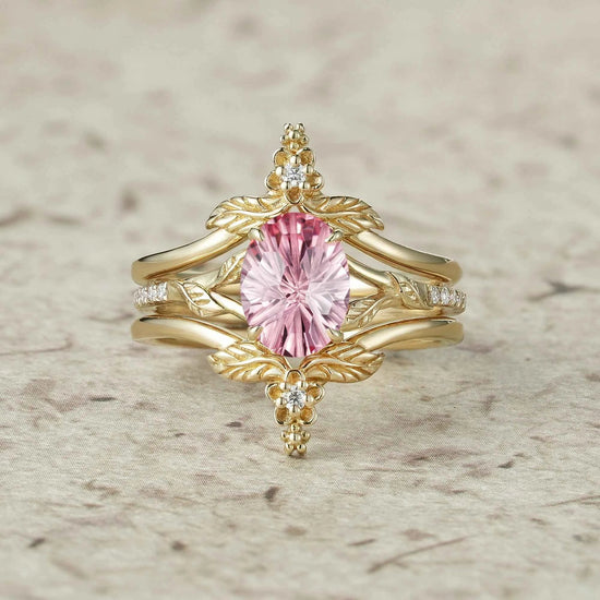 Leaf and Flower Elegance: Sparkle Cut Padparadscha Ring Set - Ameli - GemsMagic