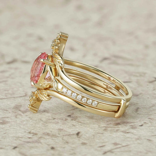 Leaf and Flower Elegance: Sparkle Cut Padparadscha Ring Set - Ameli - GemsMagic