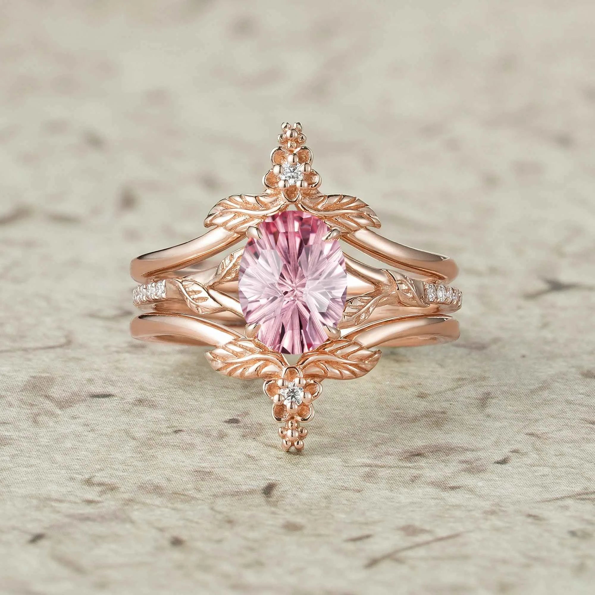 Leaf and Flower Elegance: Sparkle Cut Padparadscha Ring Set - Ameli - GemsMagic
