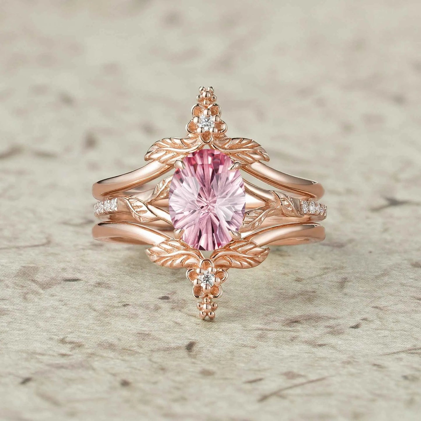 Leaf and Flower Elegance: Sparkle Cut Padparadscha Ring Set - Ameli - GemsMagic