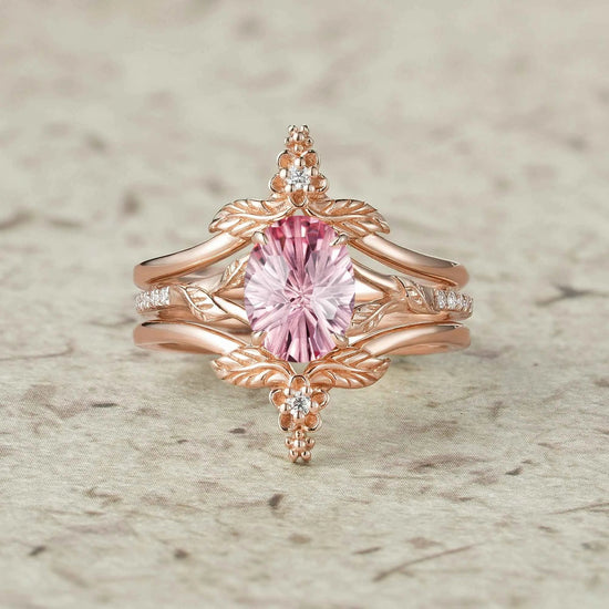 Leaf and Flower Elegance: Sparkle Cut Padparadscha Ring Set - Ameli - GemsMagic