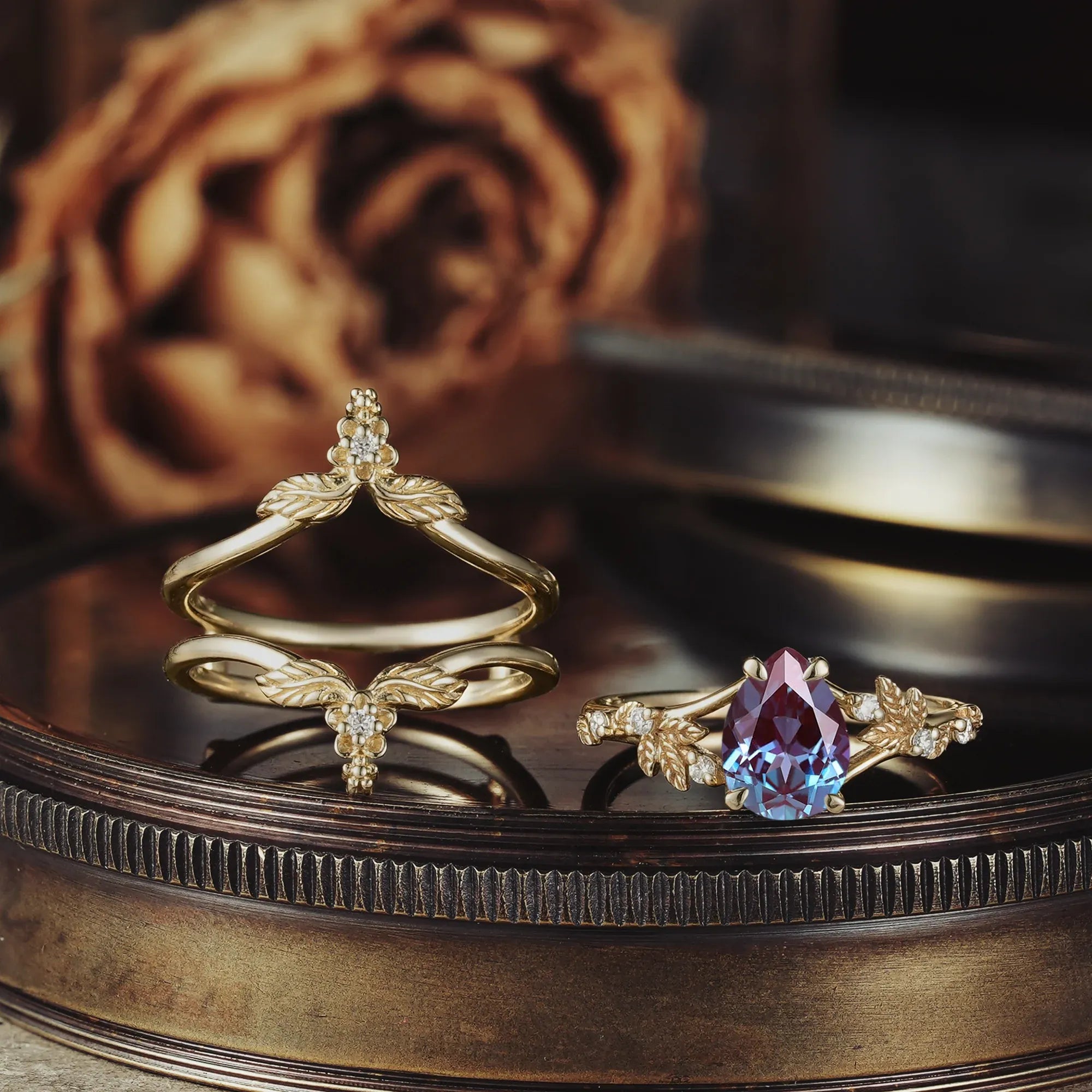 Leaf and Flower Elegance: The Alexanderite Ring Set | Victoria - GemsMagic
