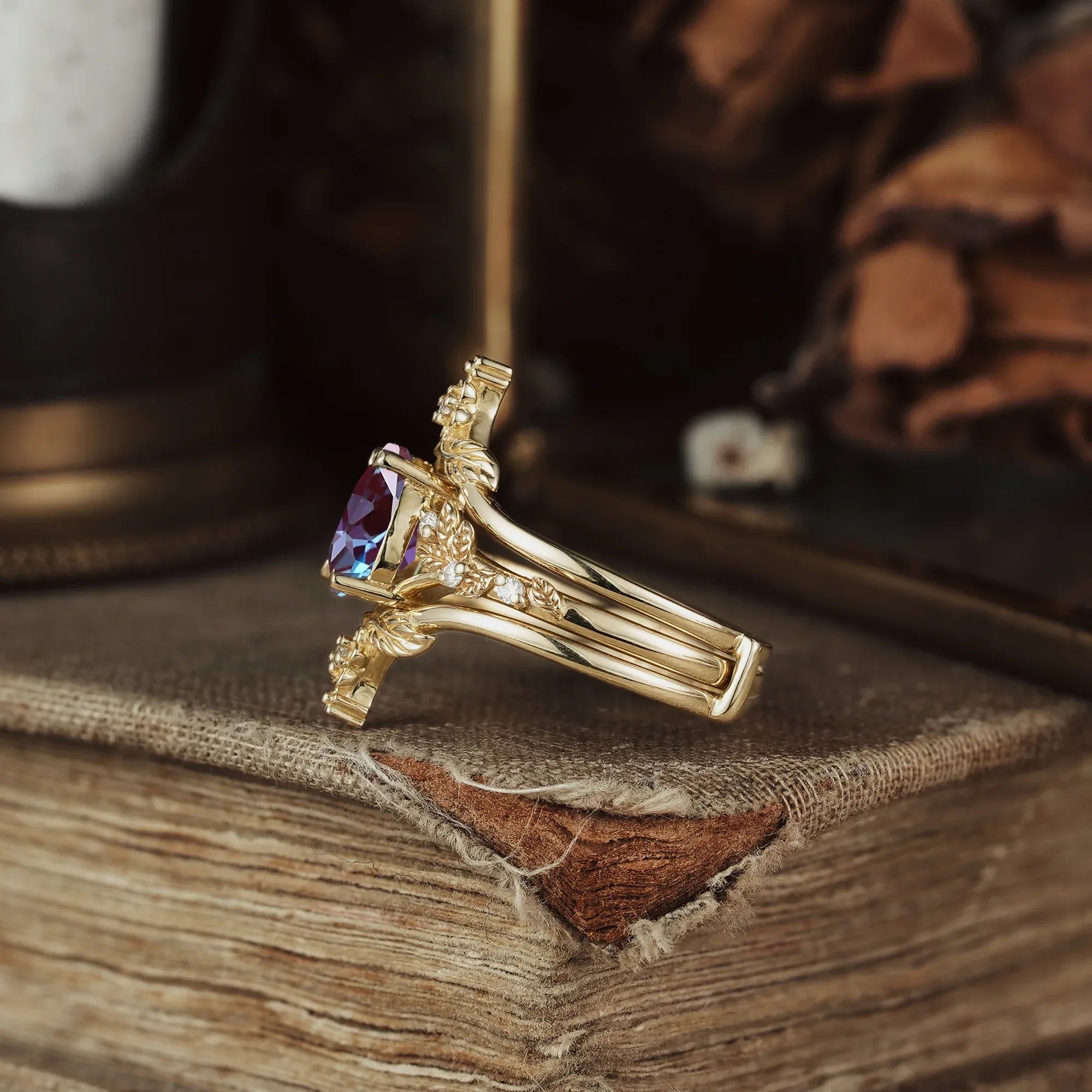 Leaf and Flower Elegance: The Alexanderite Ring Set | Victoria - GemsMagic