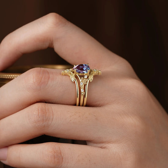 Leaf and Flower Elegance: The Alexanderite Ring Set | Victoria - GemsMagic
