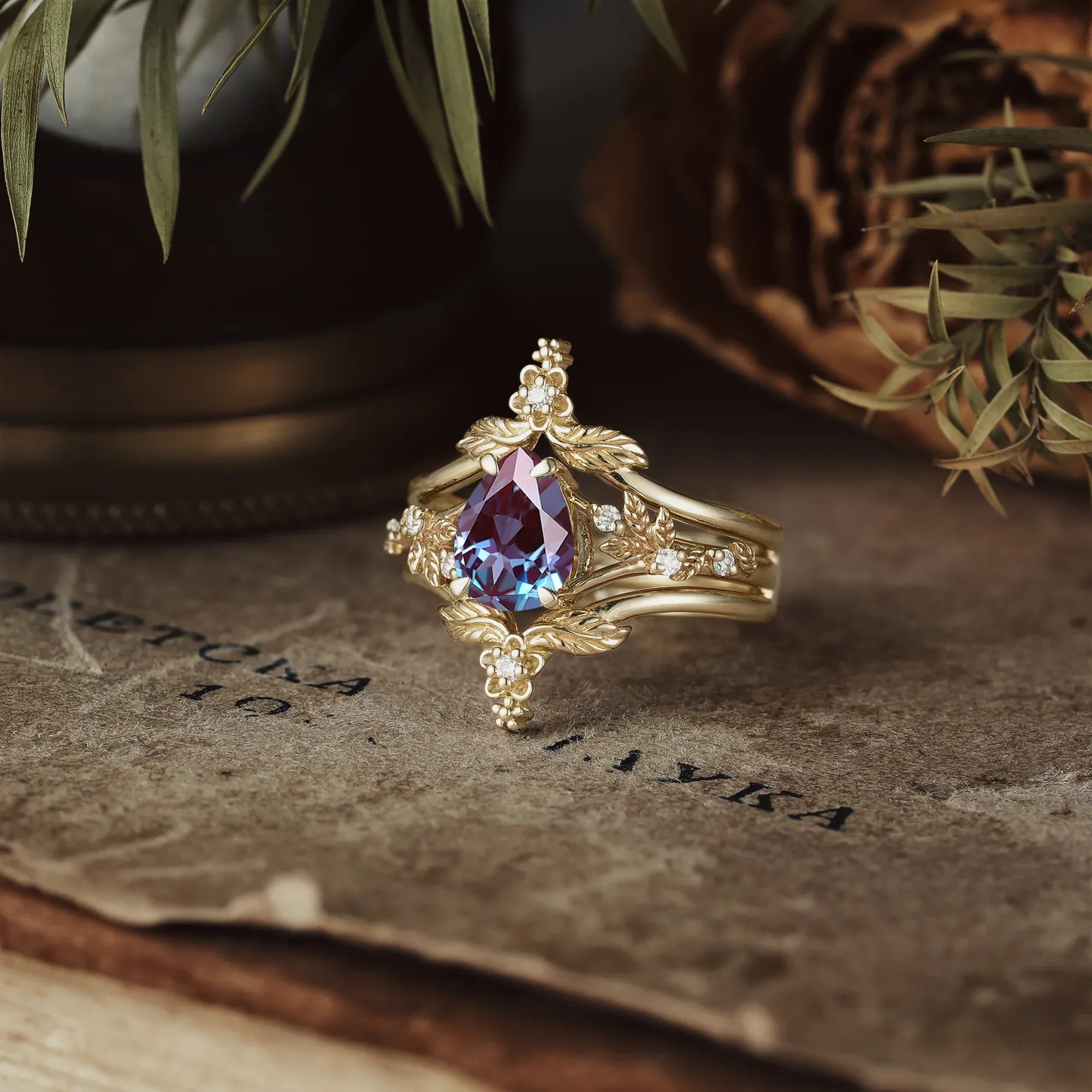 Leaf and Flower Elegance: The Alexanderite Ring Set | Victoria - GemsMagic