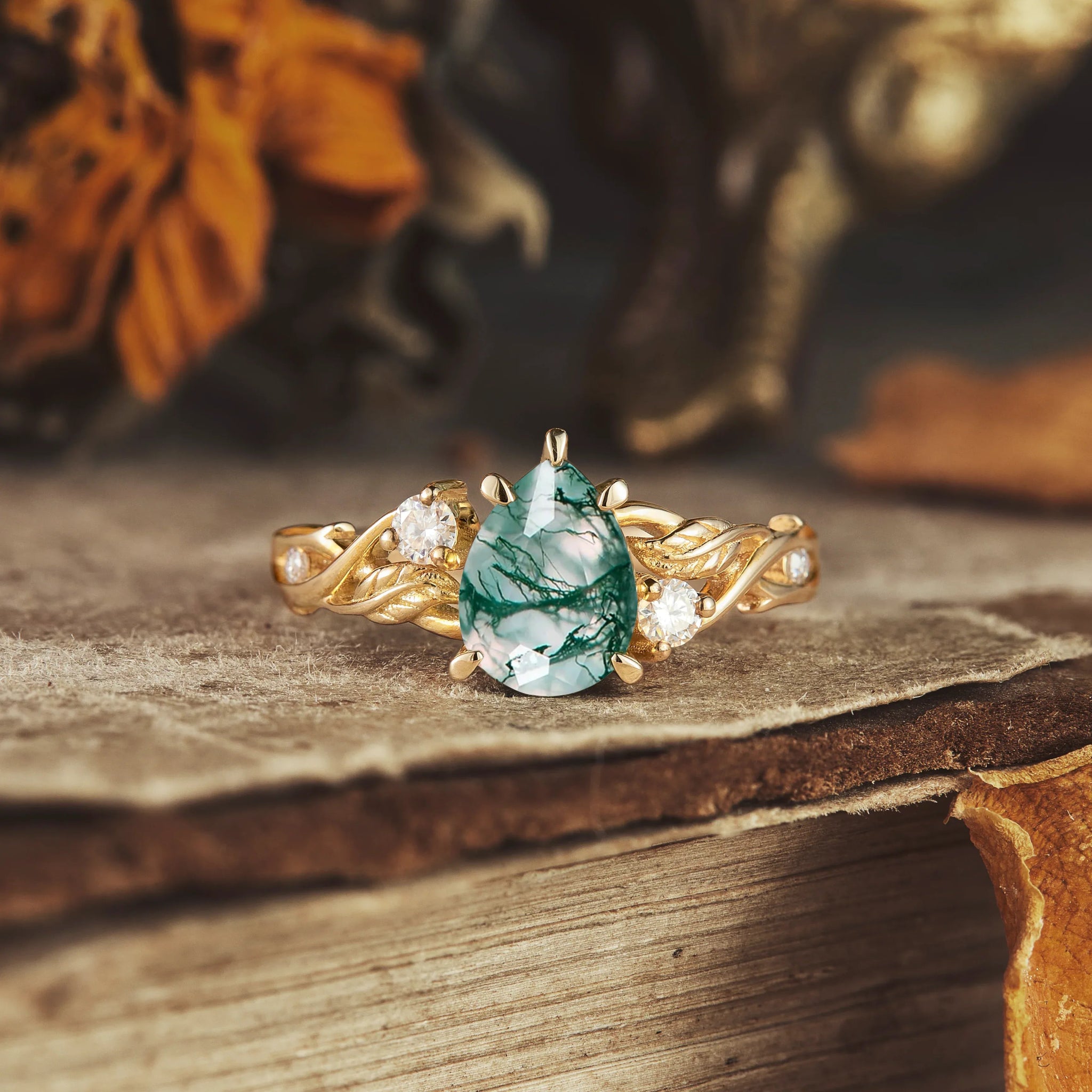 Leaf and Vine Design Moss Agate Engagement Ring