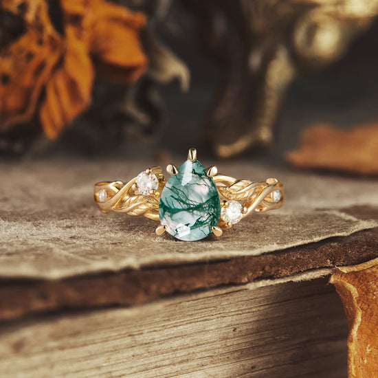 Leaf and Vine Design Moss Agate Engagement Ring - Ann - GemsMagic
