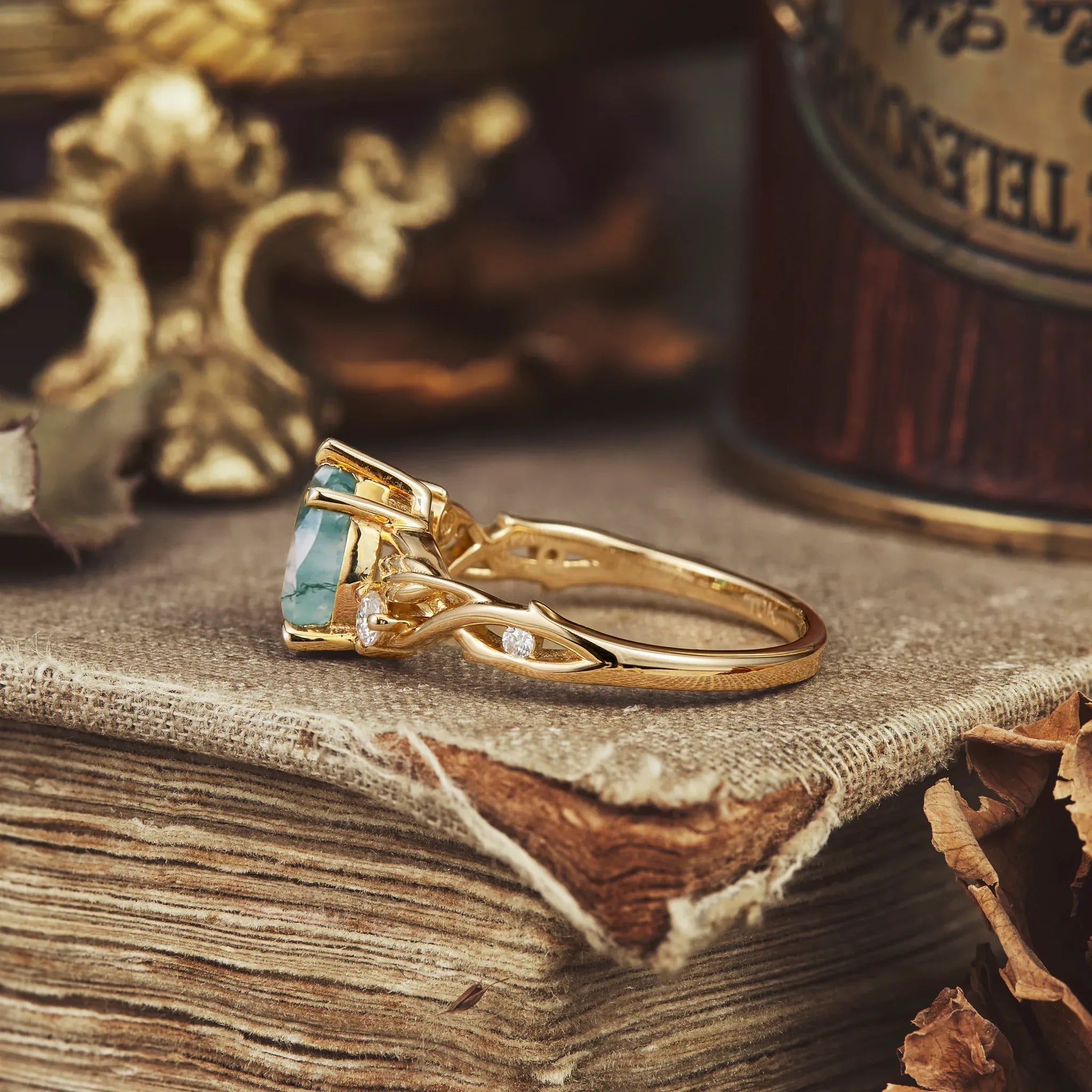 Leaf and Vine Design Moss Agate Engagement Ring - Ann - GemsMagic