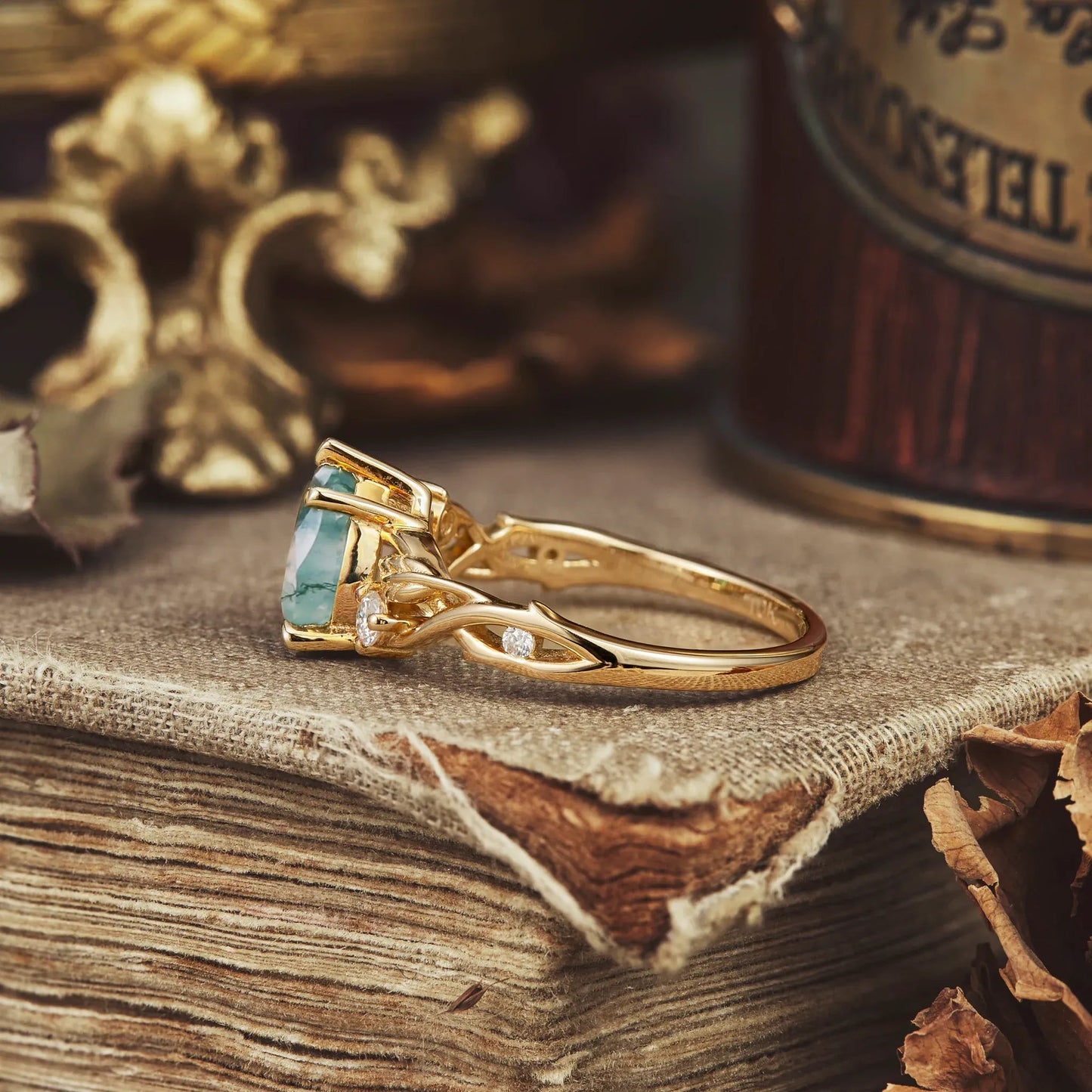 Leaf and Vine Design Moss Agate Engagement Ring - Ann - GemsMagic