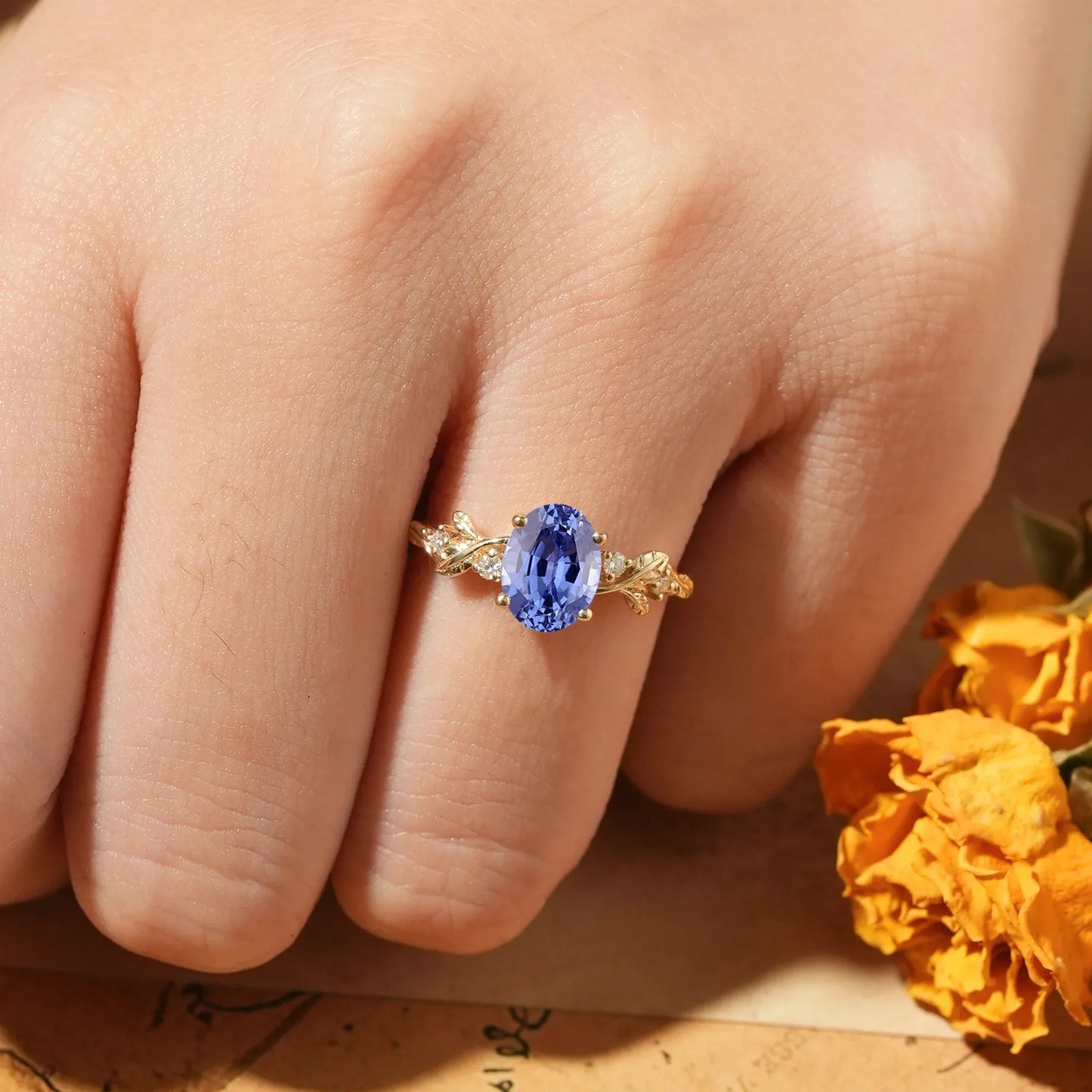 Leaf Inspired Cornflower Sapphire Engagement Ring - Cecilia - GemsMagic