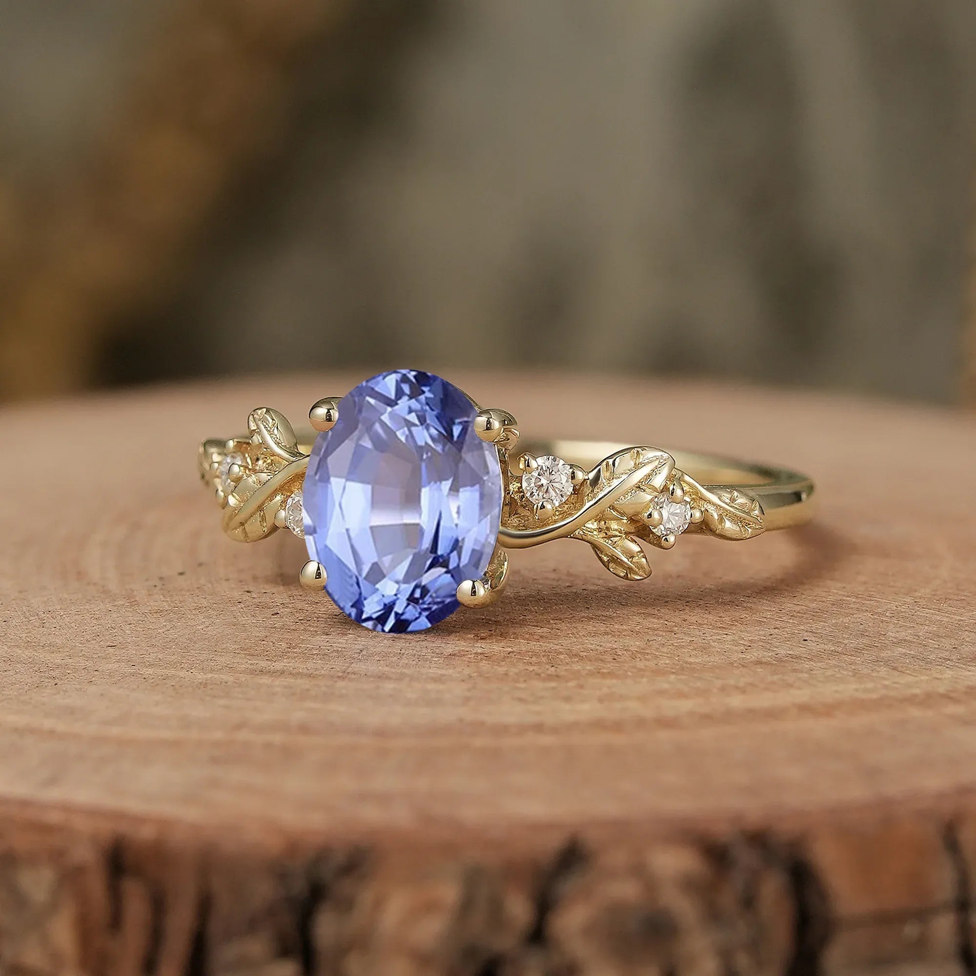 Leaf Inspired Cornflower Sapphire Engagement Ring - Cecilia - GemsMagic