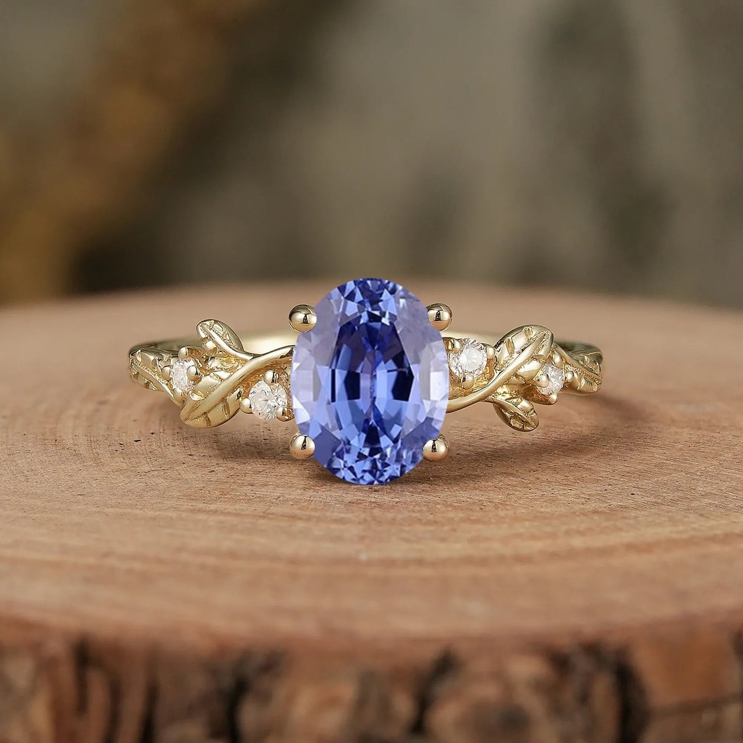Leaf Inspired Cornflower Sapphire Engagement Ring - Cecilia - GemsMagic