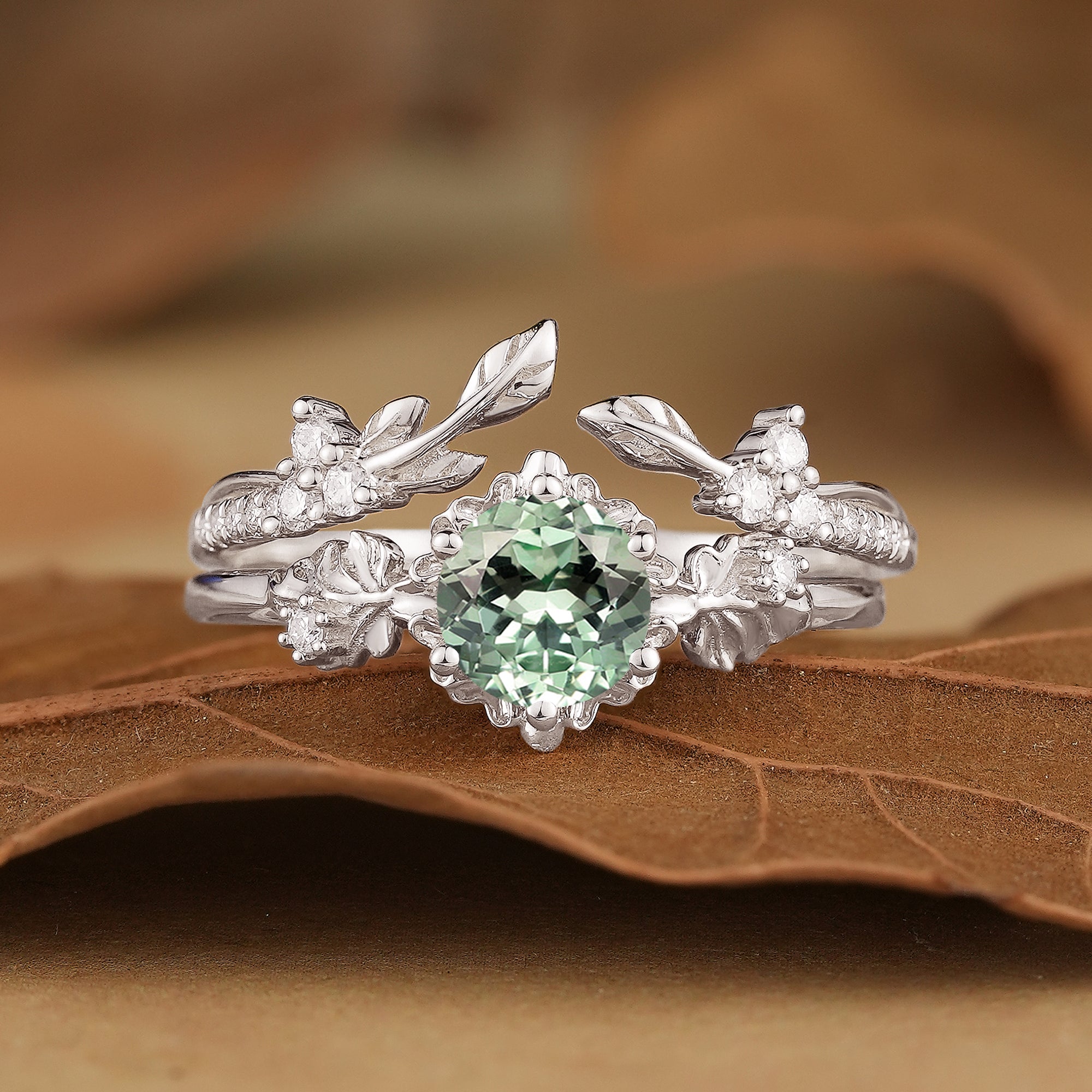 Leaf Inspired Green Sapphire Bridal Set 2pcs - Zora - GemsMagic