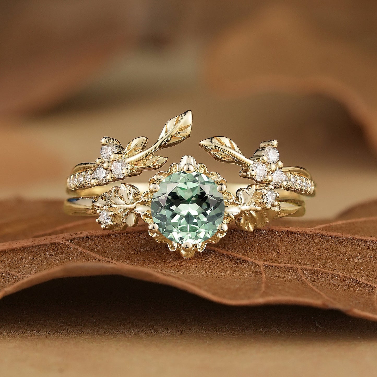 Leaf Inspired Green Sapphire Bridal Set 2pcs - Zora - GemsMagic
