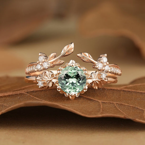 Leaf Inspired Green Sapphire Bridal Set 2pcs - Zora - GemsMagic