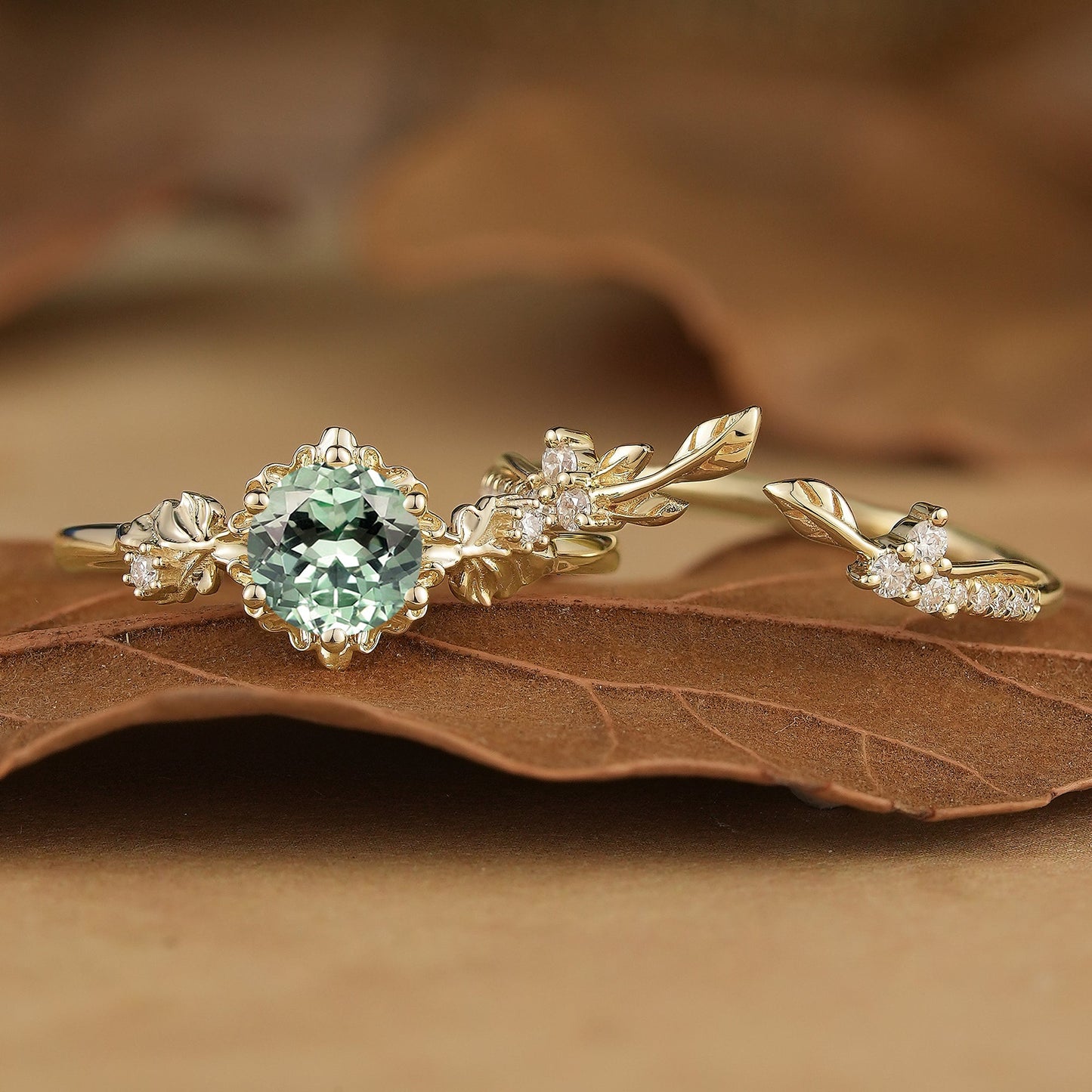 Leaf Inspired Green Sapphire Bridal Set 2pcs - Zora - GemsMagic