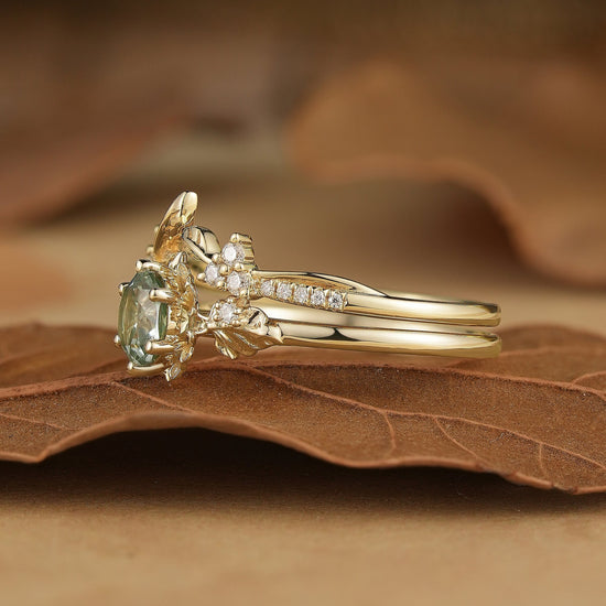 Leaf Inspired Green Sapphire Bridal Set 2pcs - Zora - GemsMagic