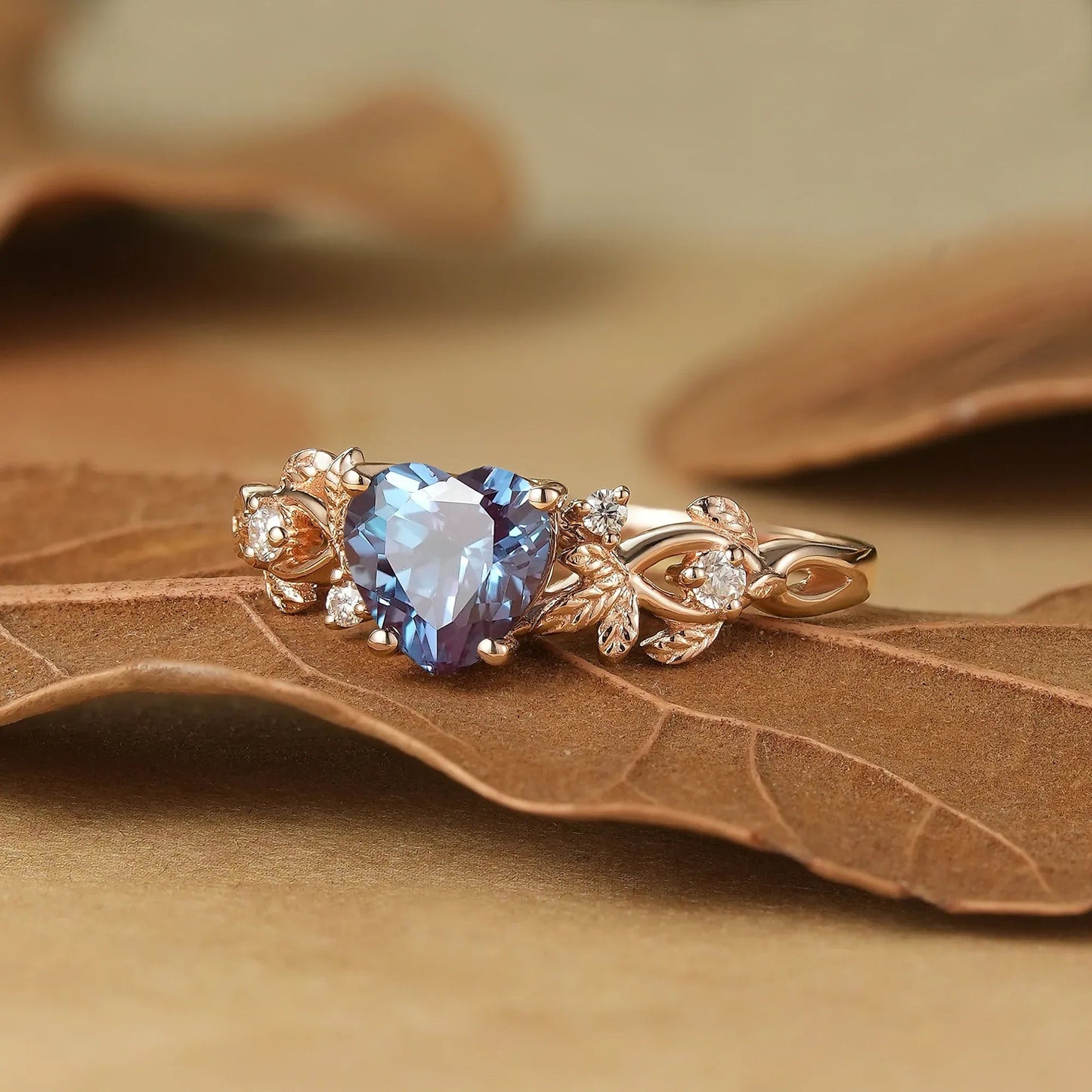 Leaf - Inspired Heart Shaped Alexandrite Engagement Ring - Poppy - GemsMagic