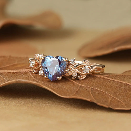 Leaf - Inspired Heart Shaped Alexandrite Engagement Ring - Poppy - GemsMagic
