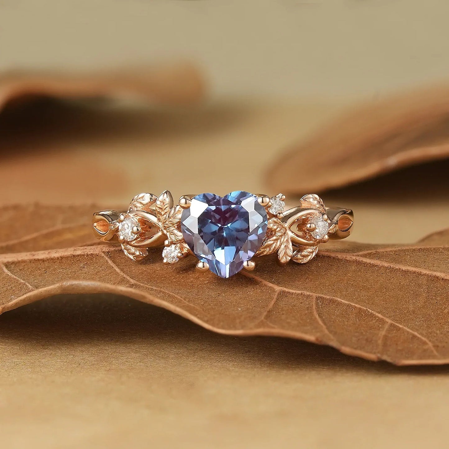 Leaf - Inspired Heart Shaped Alexandrite Engagement Ring - Poppy - GemsMagic
