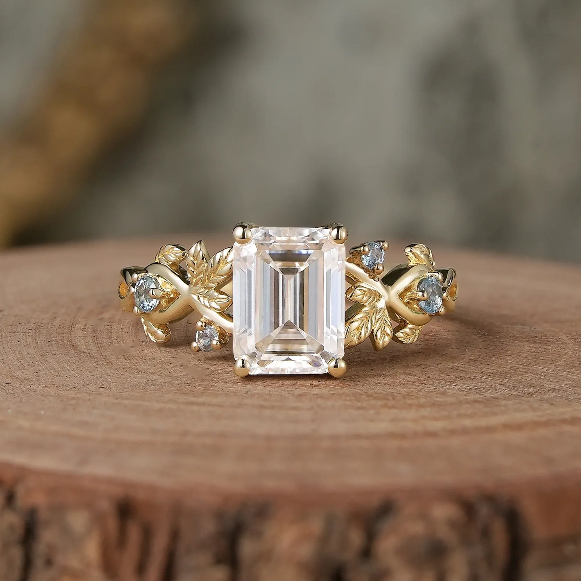 Leaf - Inspired Moissanite Engagement Ring with Sky Blue Topaz Accents - Melody - GemsMagic