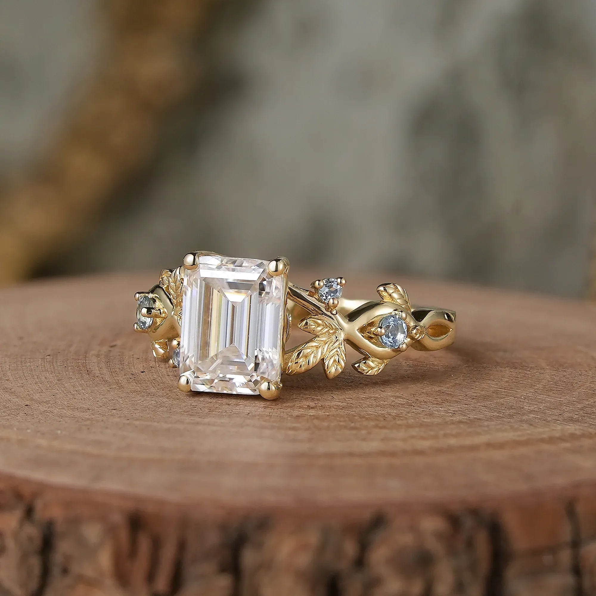 Leaf - Inspired Moissanite Engagement Ring with Sky Blue Topaz Accents - Melody - GemsMagic