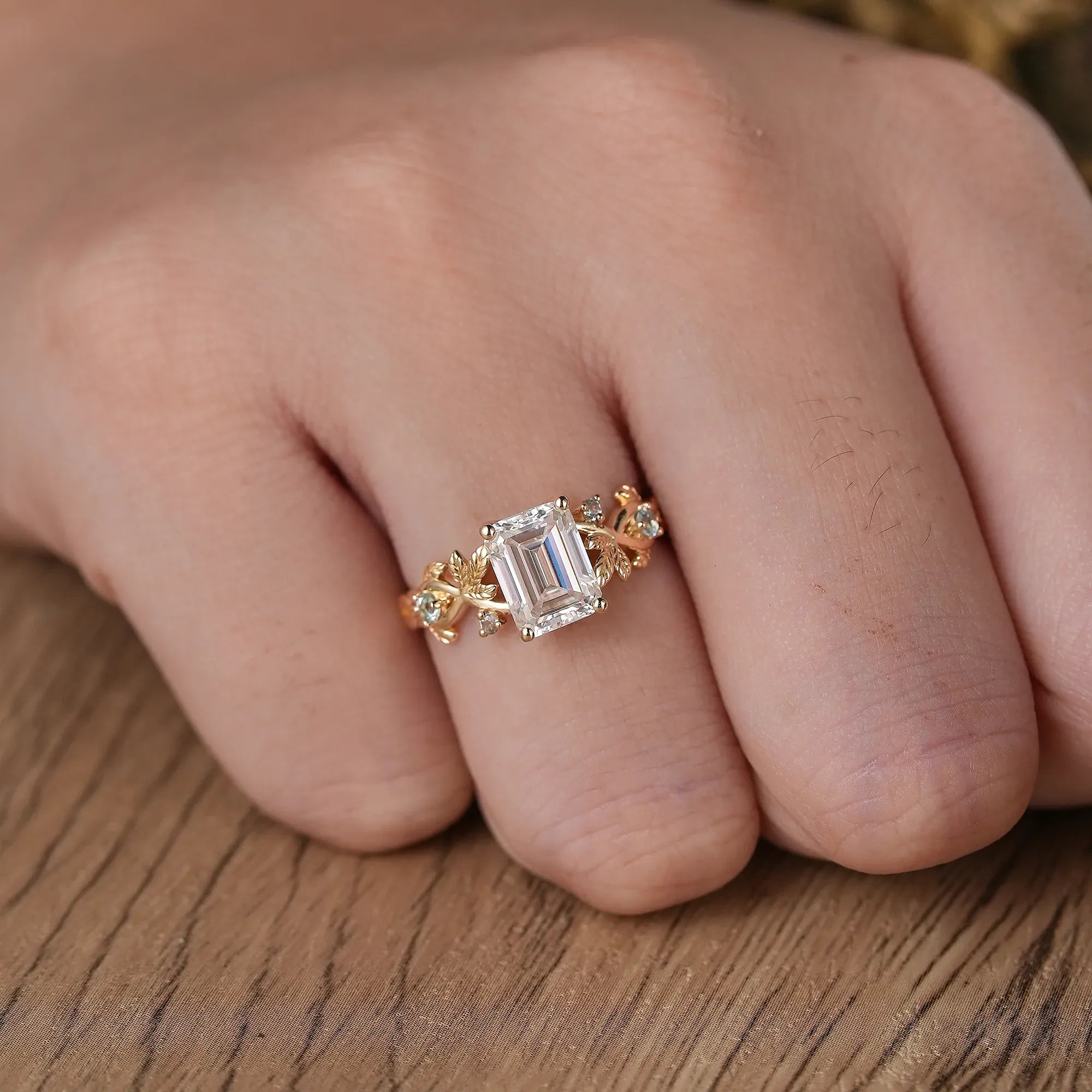 Leaf - Inspired Moissanite Engagement Ring with Sky Blue Topaz Accents - Melody - GemsMagic