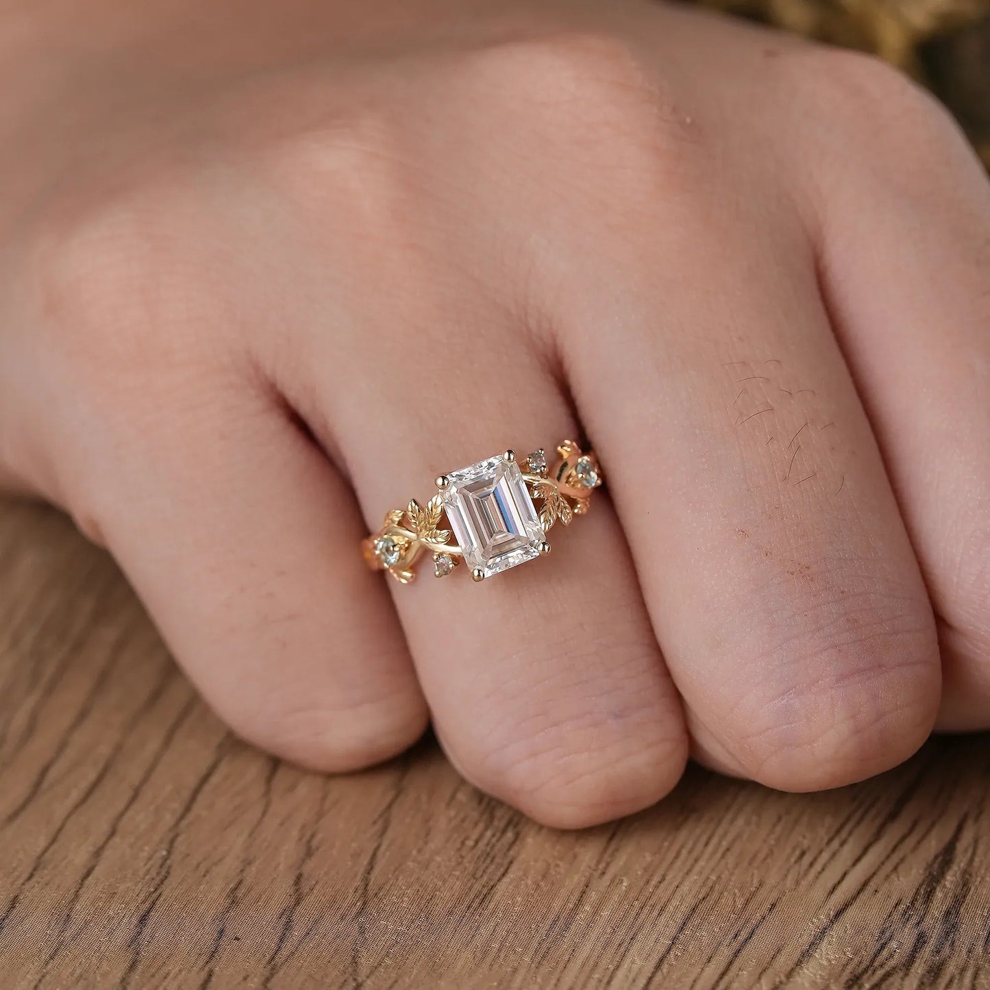 Leaf - Inspired Moissanite Engagement Ring with Sky Blue Topaz Accents - Melody - GemsMagic