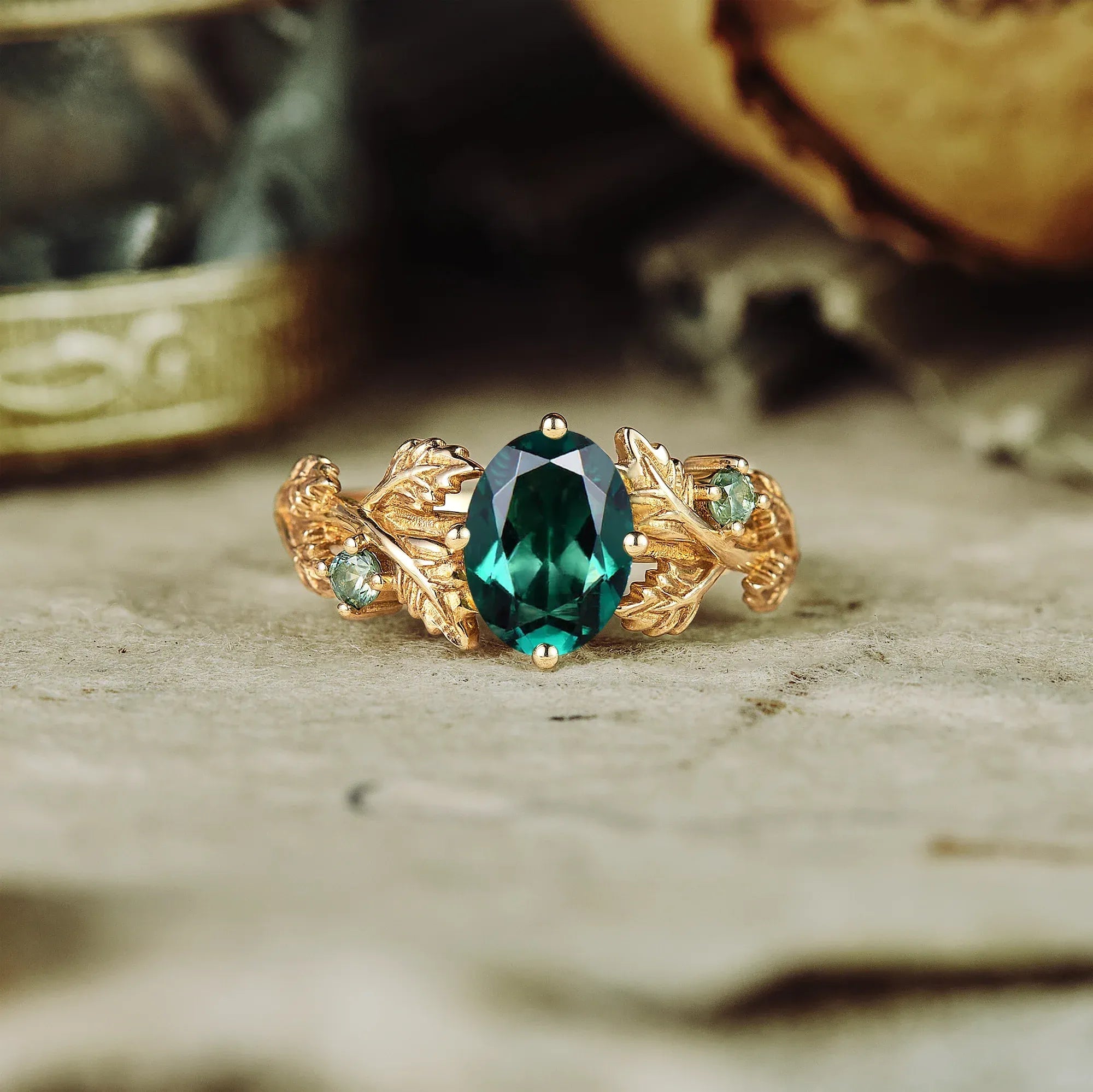 Leaf - Inspired Oval Emerald Engagement Ring - GemsMagic - GemsMagic