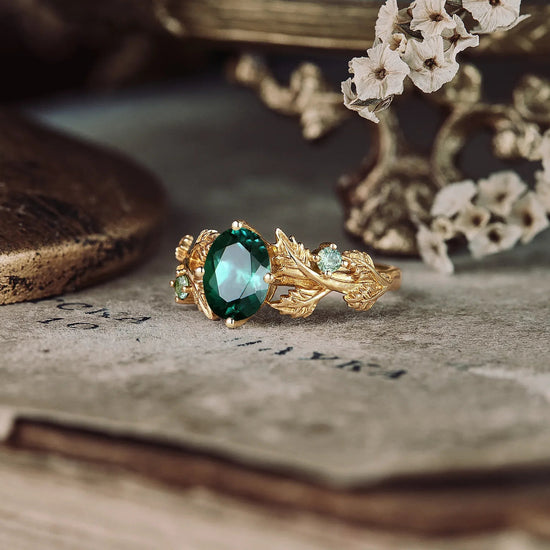 Leaf - Inspired Oval Emerald Engagement Ring - GemsMagic - GemsMagic
