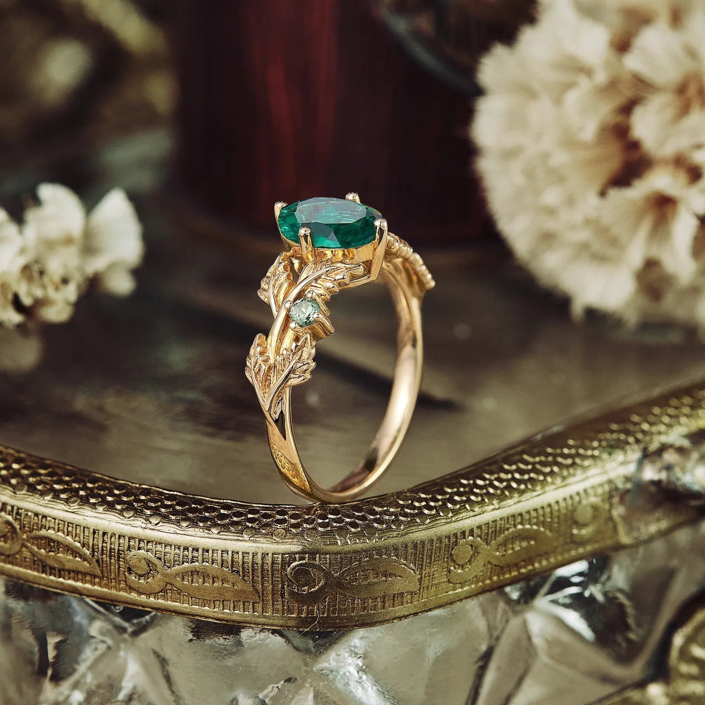 Leaf - Inspired Oval Emerald Engagement Ring - GemsMagic - GemsMagic