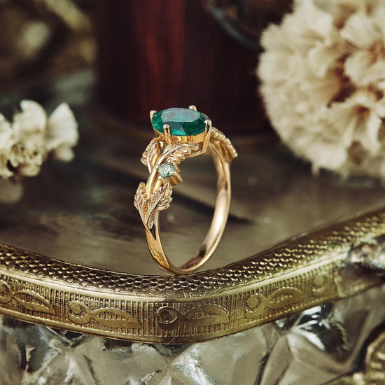 Leaf - Inspired Oval Emerald Engagement Ring - GemsMagic - GemsMagic